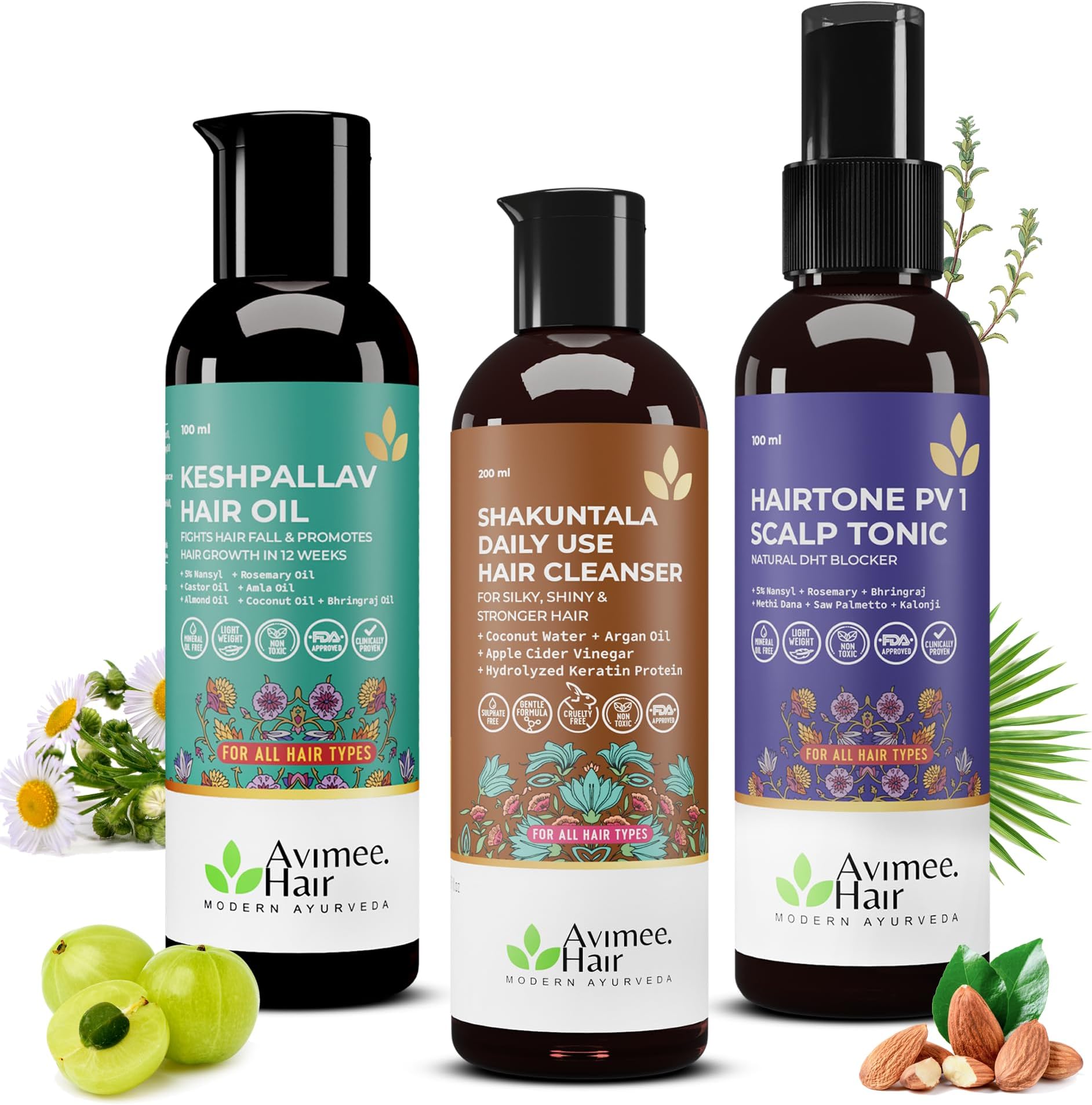 Hair Fall Kit | For Hair Growth and Nourishment | Keshpallav Hair Oil, 100ml | Shakuntala Hair Cleanser Shampoo, 200ml | Hairtone PV1 Scalp Spray, 100ml | Hair Care Combo