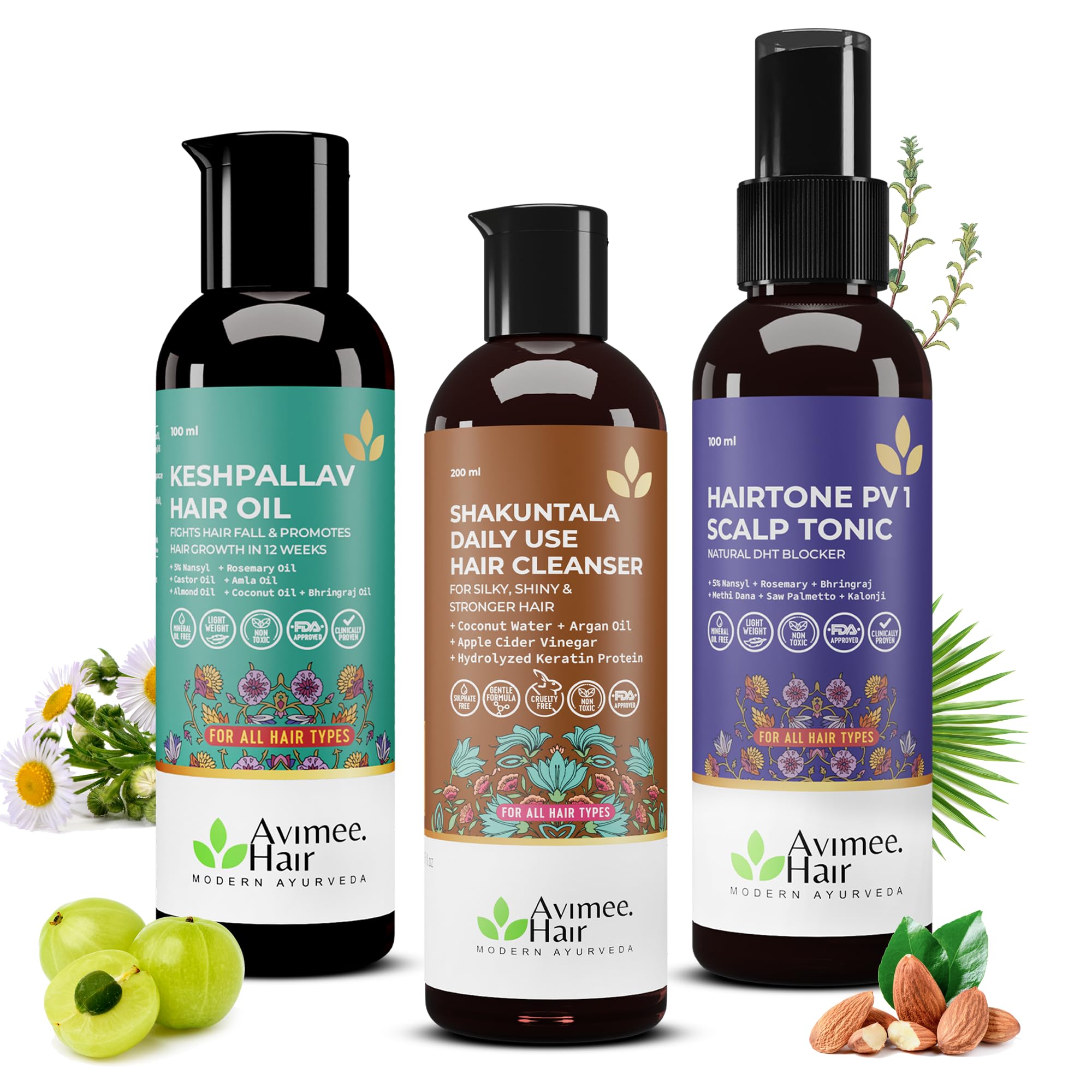 Avimee Herbal Hair Fall Kit | For Hair Growth and Nourishment | Keshpallav Hair Oil, 100ml | Shakuntala Hair Cleanser, 200ml | Hairtone PV1 Scalp Spray, 100ml | Hair Care Combo