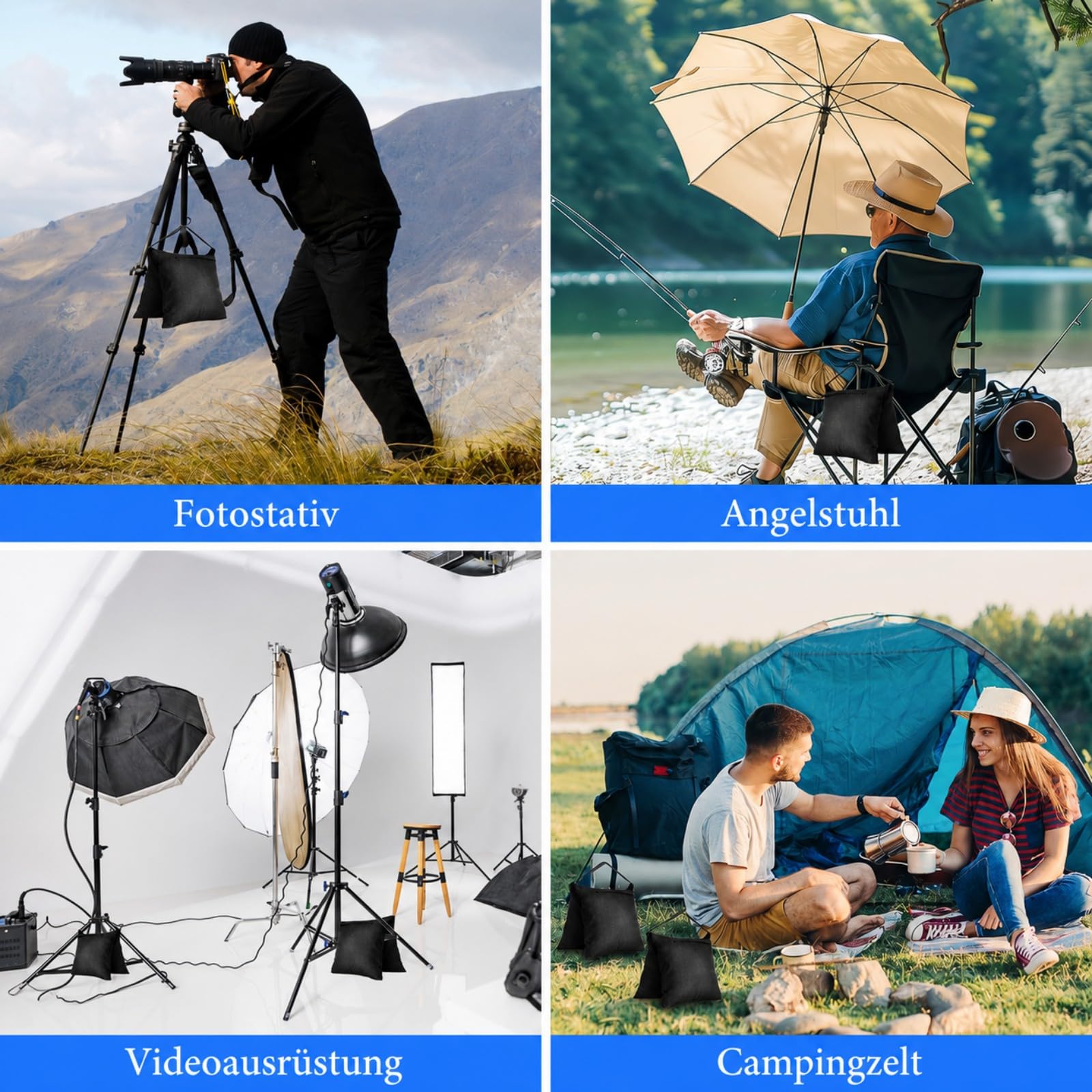 8 Stück Fotografische Leere Sandsack-Sets für Lichtständer, Gewichtstaschen für Fotostative, Schwere Satteltaschen mit Karabinerhaken & PE-Beuteln – Für Stativ, Zelt, Pavillon, Schirmständer – Schwarz