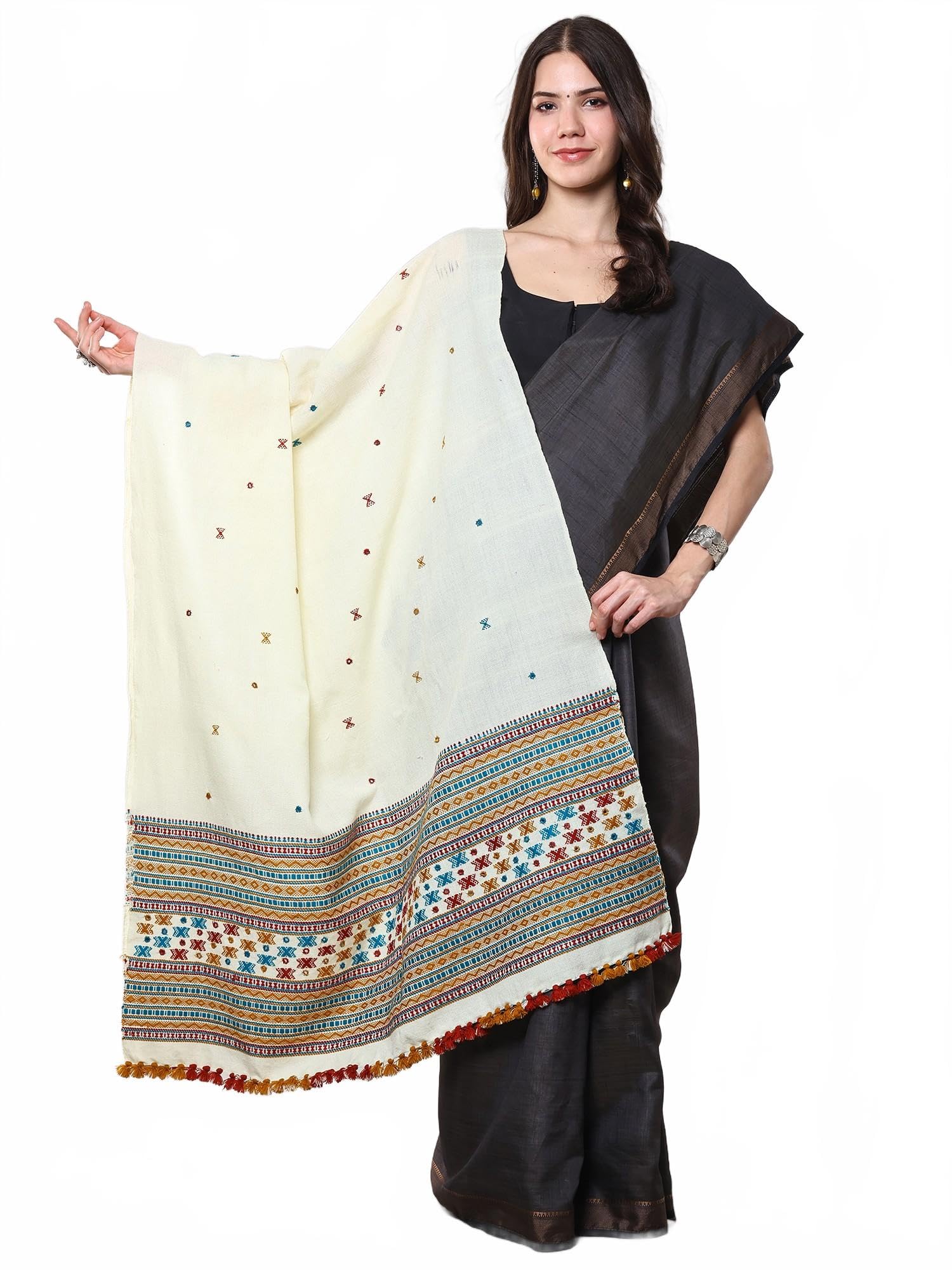 Women's Pure Wool Shawl from Kutch with Embroidered Border and Mirrors work Stole, Scarves for Wedding-image-11