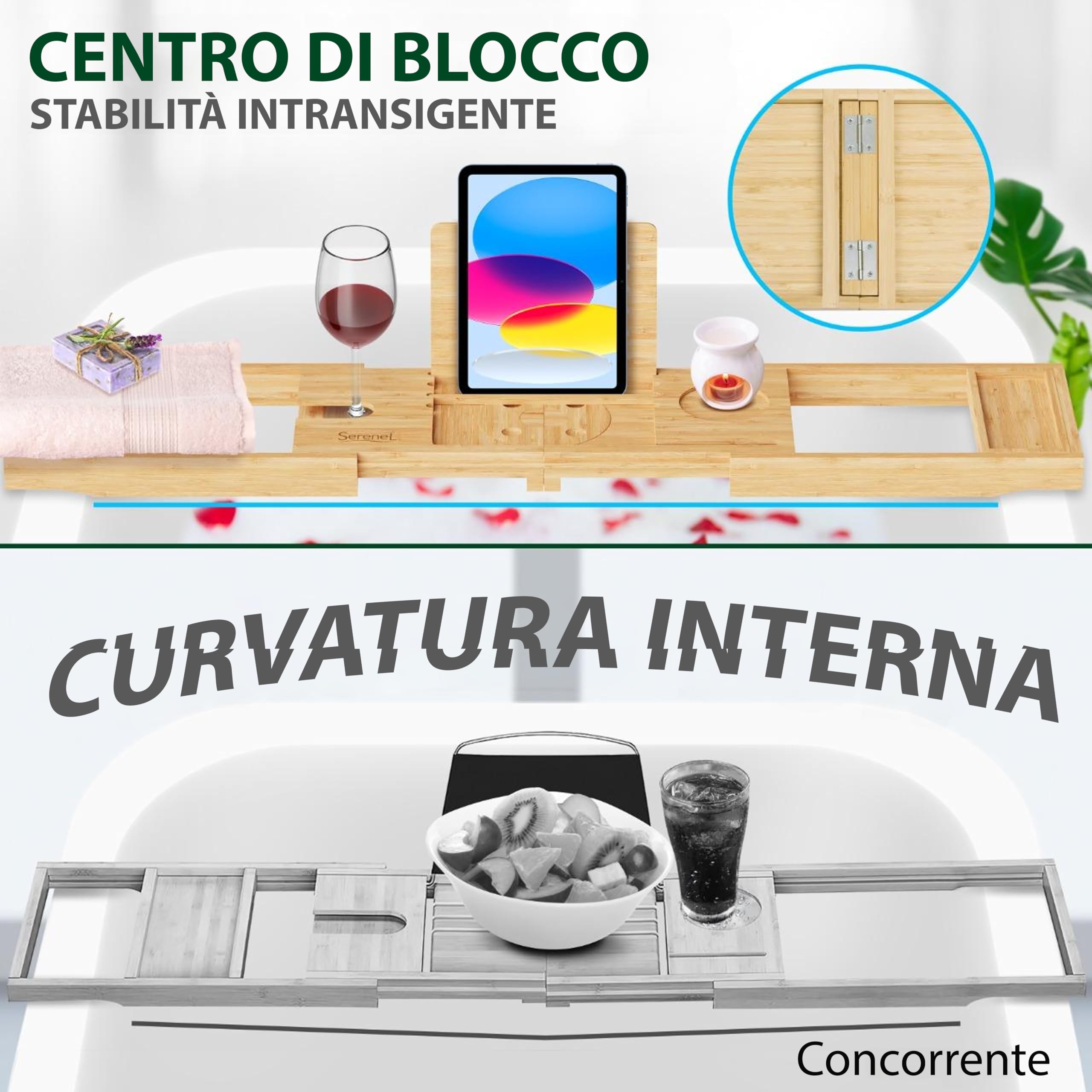 SereneLife Portaoggetti Bagno in Bambù con Design Pieghevole e Bloccabile, Espandibile da 76 Centimetri a 109 Centimetri, Facile da Riporre, Cerniere Pieghevoli