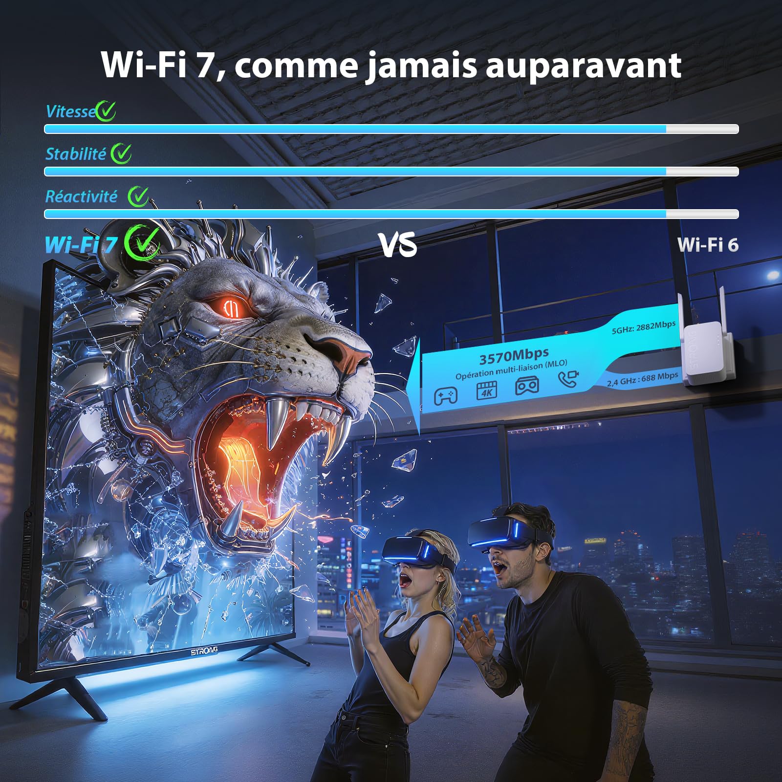 STRONG Répéteur WiFi 7 BE3600, Amplificateur WiFi Double Bande | 3600 Mbps, WiFi 7, MLO, Double Bande, Répéteur WiFi, Port Ethernet Gigabit, 2 antennes externes, Point d'accès