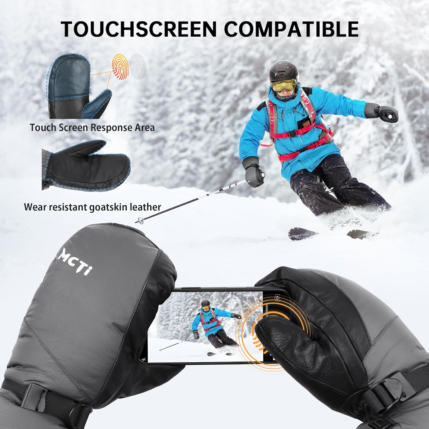 MCTi Ski Mittens Down Mittens Winter Cold Weather Waterproof Touch Screen Mitt for Men