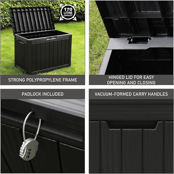 Olsen & Smith 170L Lockable Outdoor Garden Plastic Storage Box Container Chest - Small Lawn Balcony Furniture, Weather Resistant, Wood Panel Effect (Black) - 3