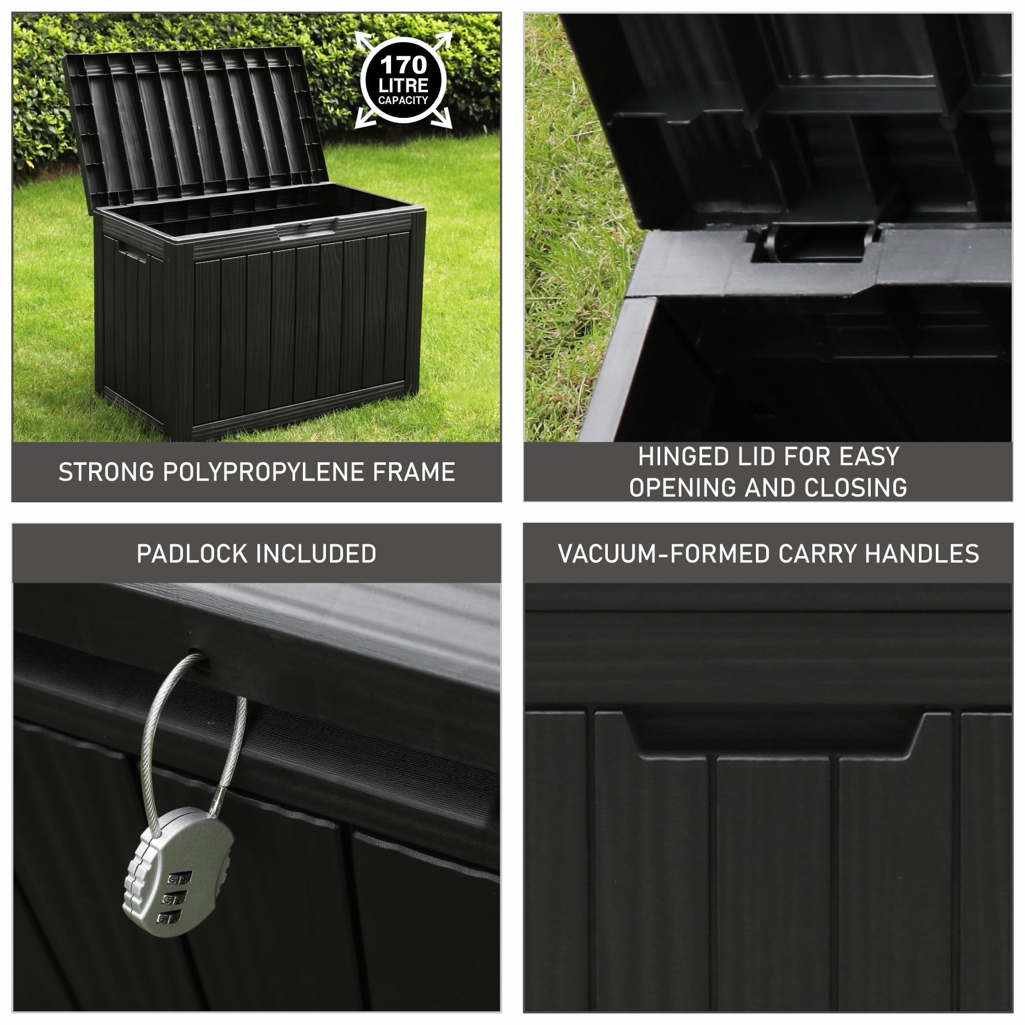 Olsen & Smith 170L Lockable Outdoor Garden Plastic Storage Box Container Chest - Small Lawn Balcony Furniture, Weather Resistant, Wood Panel Effect (Black) - 4