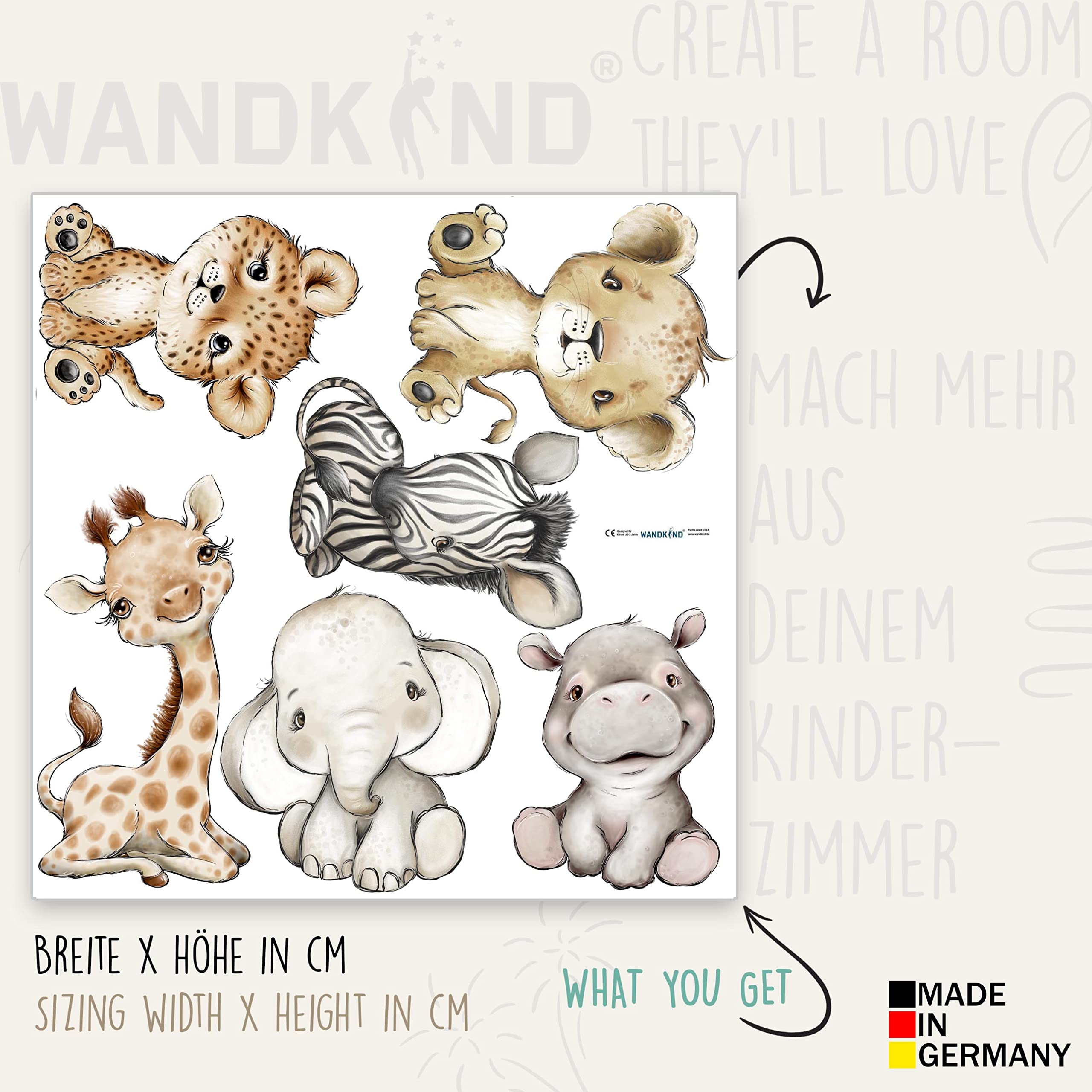 WANDKIND Tiere Afrika Wandtattoo Safari Kinderzimmer V351 | handgezeichnet | AUFKLEBER Kindergarten | Wandsticker Dschungel mit Löwe Elefant Giraffe Nilpferd Zebra Tiger (120 x 120 cm)