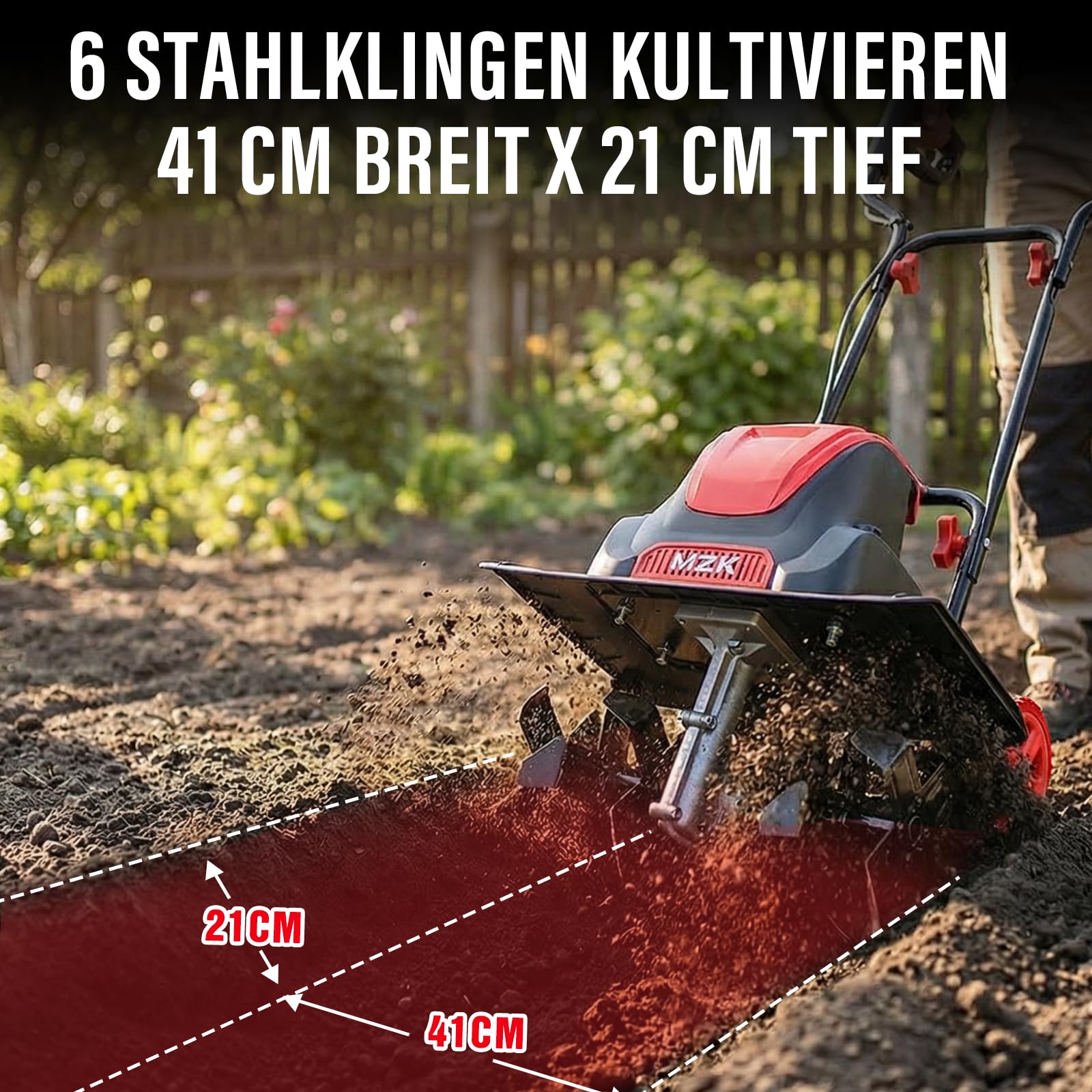 MZK 41cm Arbeitsbreite1600W Elektrische Bodenhacke mit 21cm Arbeitstiefe, klappbarem Handgriff und Transporträdern, Motorhacke für Rasen, Garten und Hof