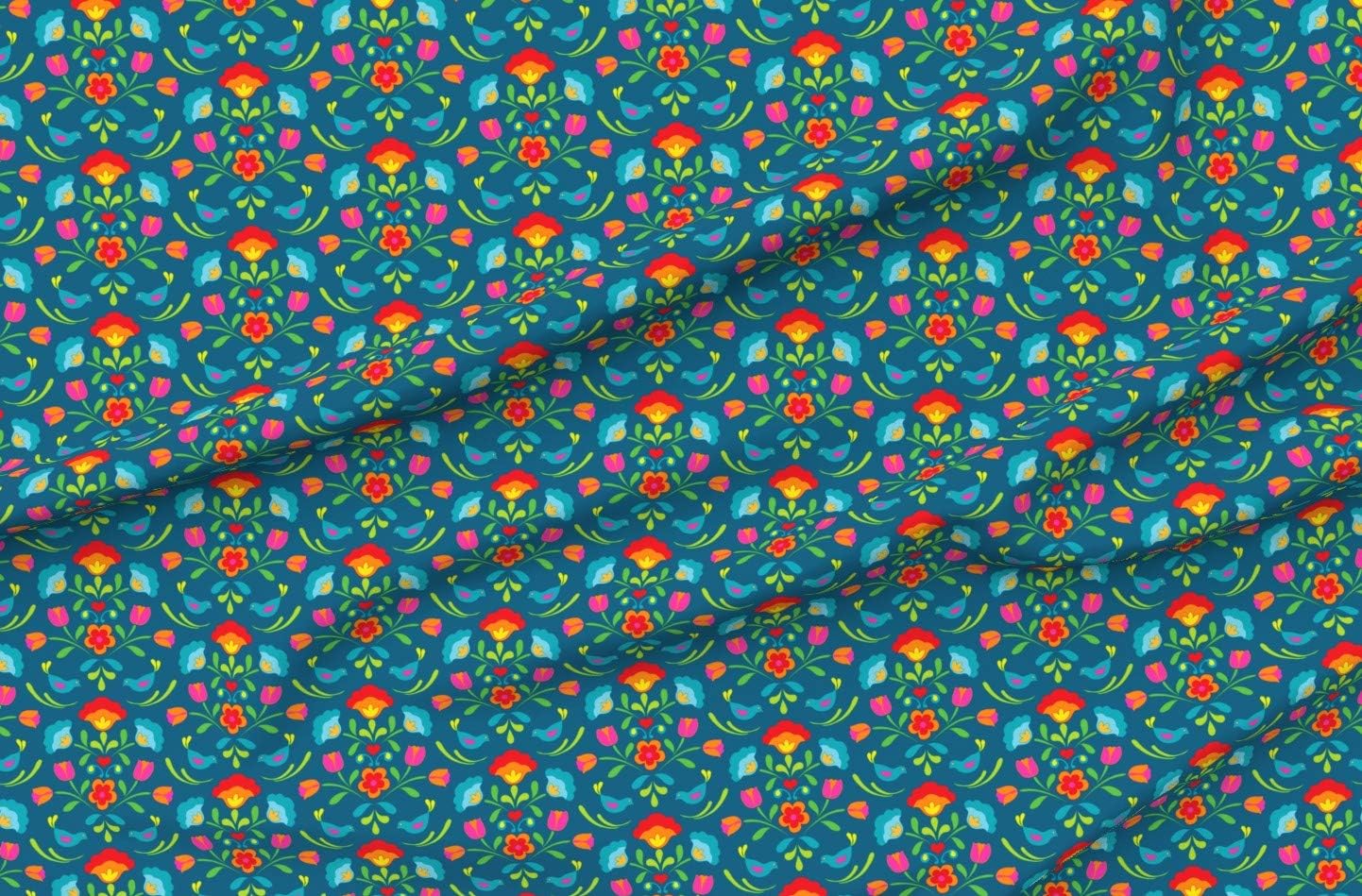 Spoonflower Fabric - Swedish Folklore Floral Flowers Over Multi Colored Scandinavian Deep Printed on Organic Cotton Sateen Fabric by The Yard - Sewing Quilting Apparel Home Decor