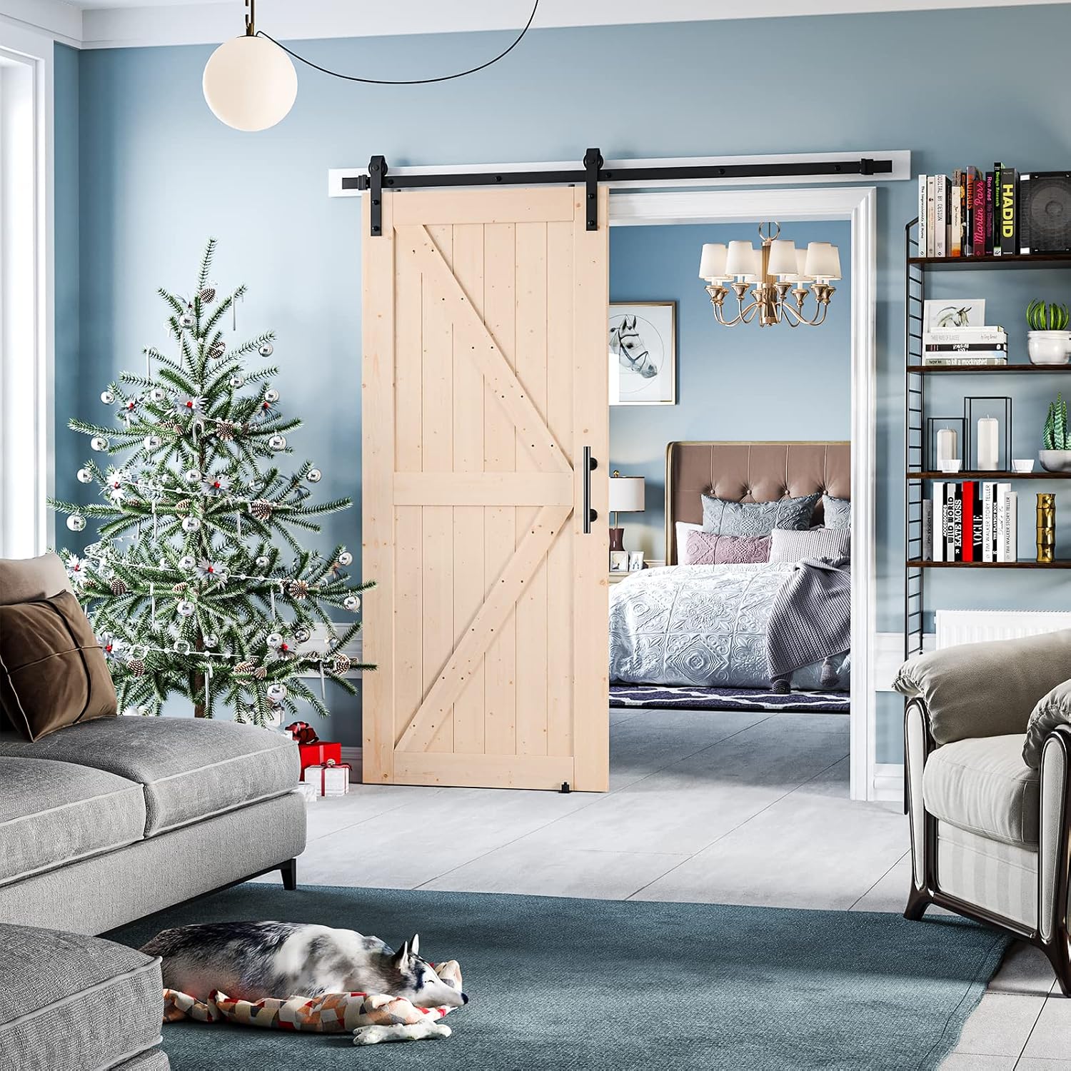 SmartStandard 36in x 84in Barn Door Kit, (2-Panel Sliding Door & Pull and Handle Set & Floor Guide), Pre-Drilled Ready to Assemble, Natural Unfinished Solid Wood Door, K-Frame (Fit 6FT -6.6FT Rail)