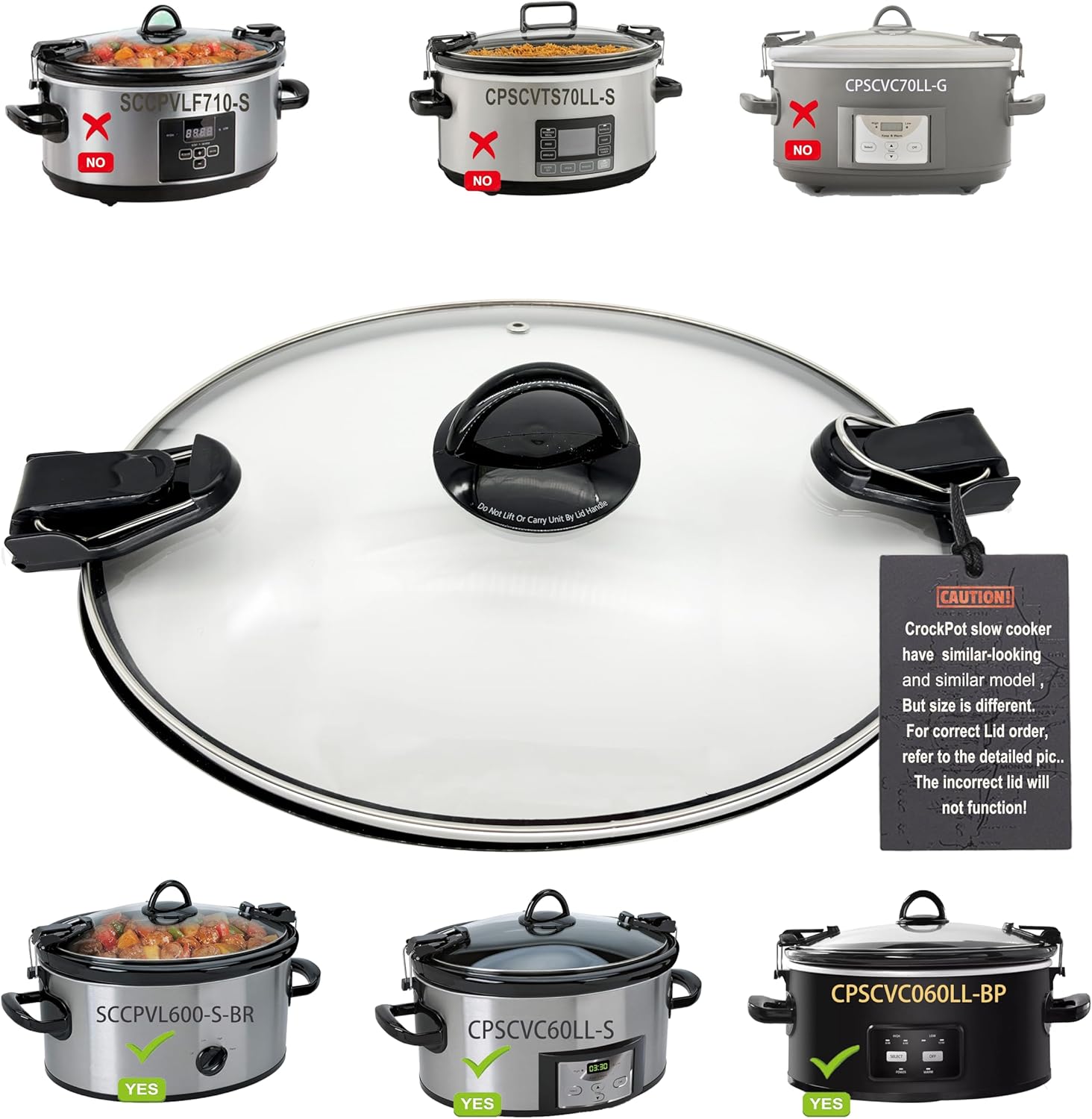 6QT Oval Glass Lid Replacement For CrockPot Slow Cooker Models SCCPVL600-S-BR CPSCV060LLBP CPSCVC60LL-S