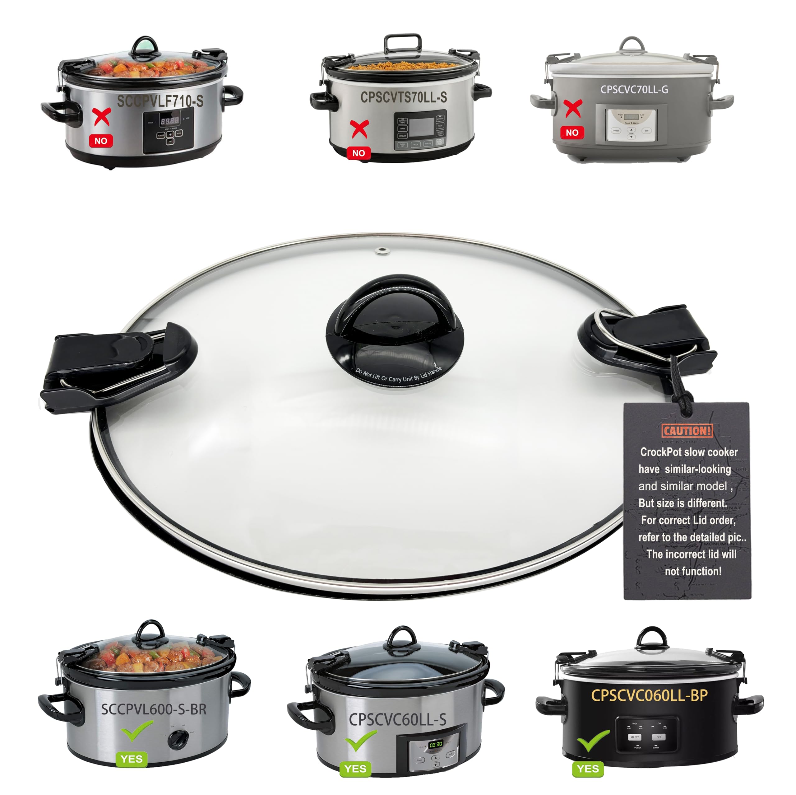 6QT Oval Glass Lid Replacement For CrockPot Slow Cooker Models SCCPVL600-S-BR CPSCV060LLBP CPSCVC60LL-S