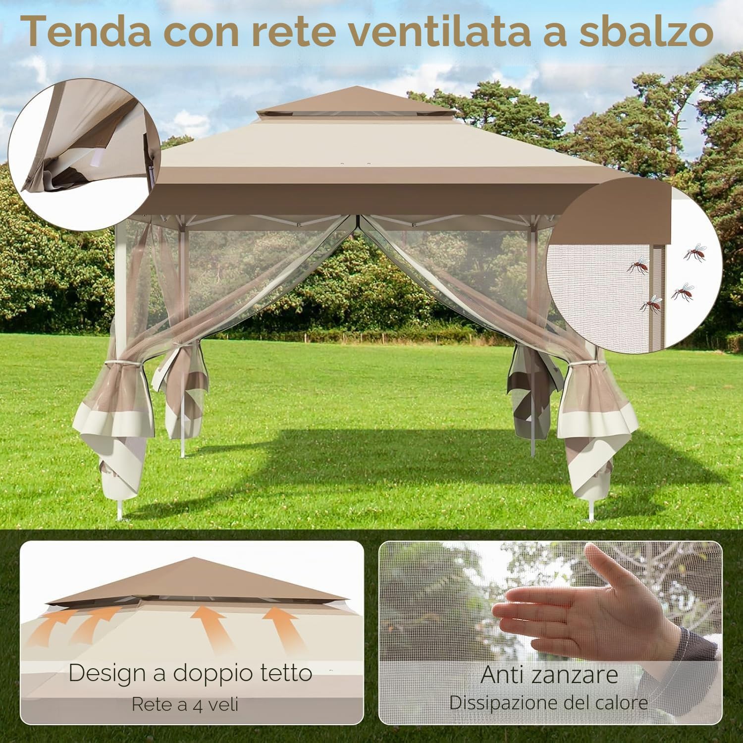 Gazebo pieghevole 3,3x3,3 m, con 4 pannelli laterali in zanzariera, One Push tenda con doppio tetto, Gazebo impermeabile da giardino 4 sacchi di sabbia, per mercato/campeggio/spiaggia, Marrone Cachi
