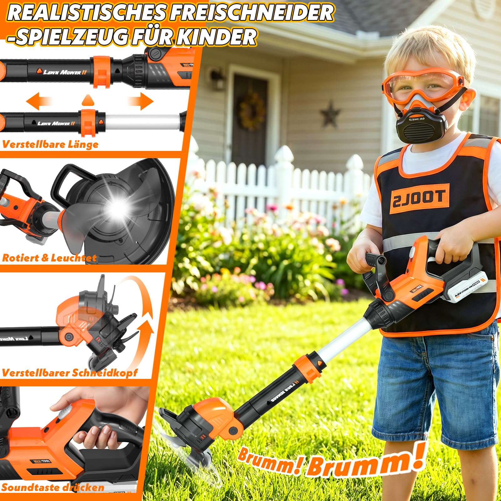 2 in 1 Werkzeug Kinder Spielzeug ab 3 Jahre, motorsäge Kinder, Kinder Rasenmäher & Laubbläser mit Geräusch, Gartenspielzeug Kinder Outdoor Spiele Geschenk 3-9 Jahre Junge