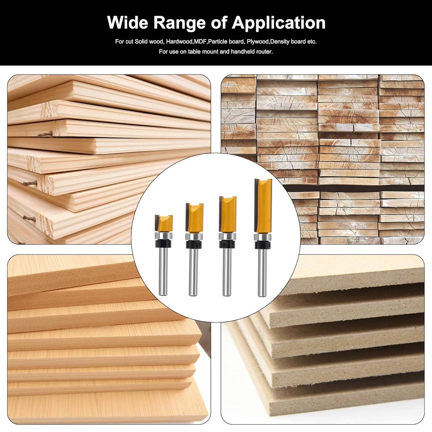 Flush Trim Router Set for Woodworking - Cabinet, Rabbeting, Tongue & Groove(Router Bit-1/4 Inch Shank-4 pcs Straight)