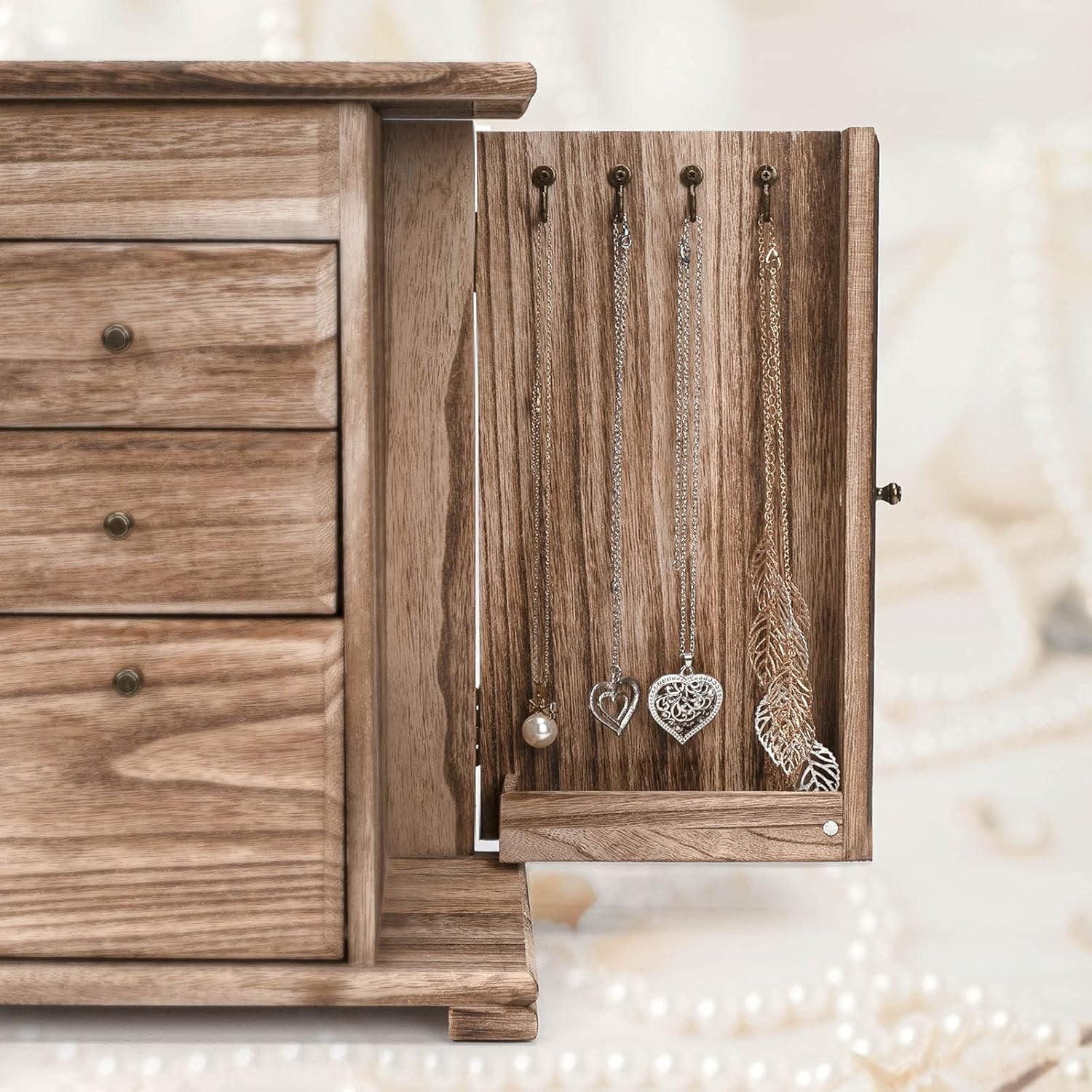 Emfogo Jewelry Box, Women Girls Jewelry Organizer Case with Mirror Display for Rings Earrings Necklaces Bracelets, 4 Layer Rustic Style (Torched Wood Color): Home Improvement