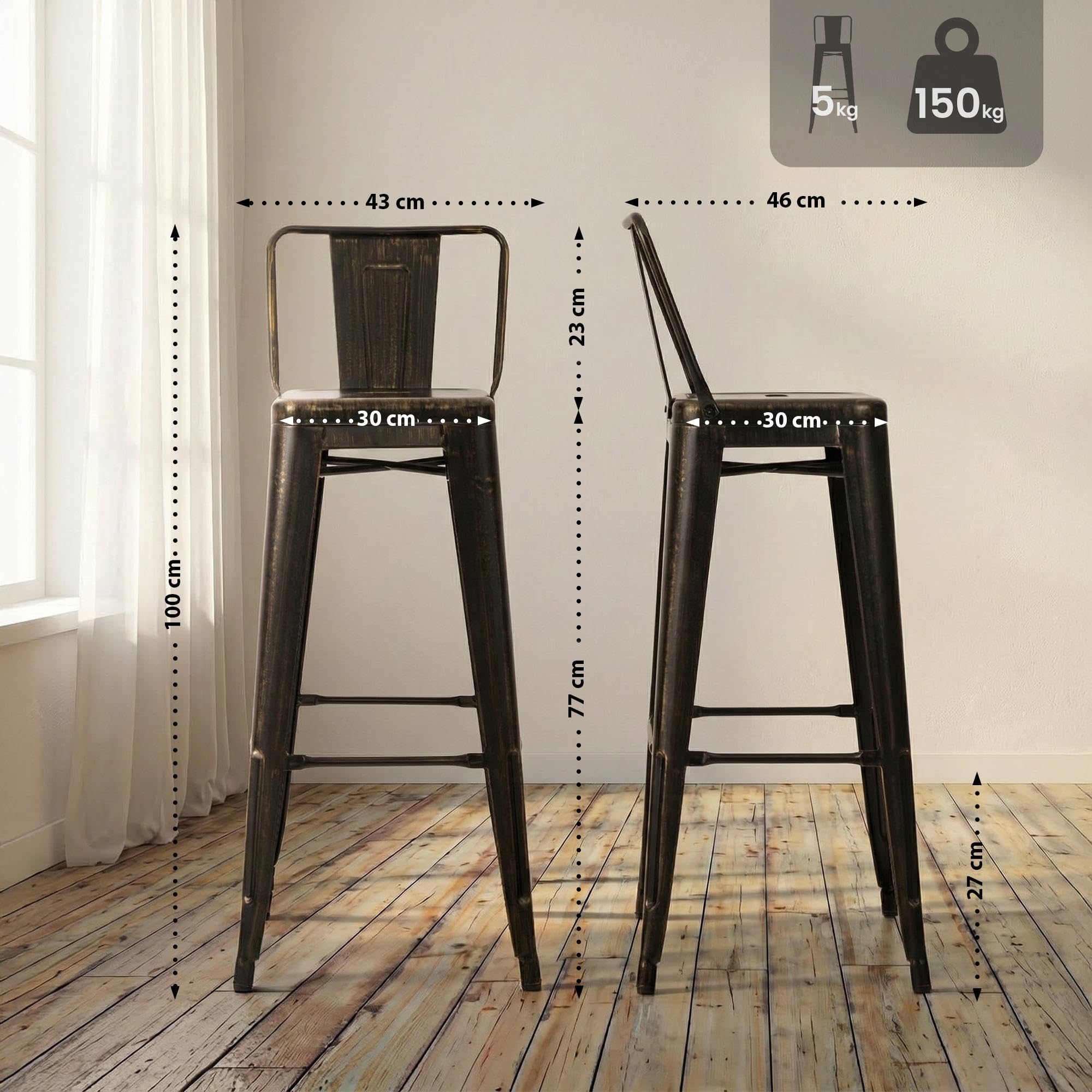 CLP Sgabello da Bar con Schienale in Stile Industriale Mason, con Schienale e Poggiapiedi, Sgabello da Bar con Schienale, Colore:Nero/Oro
