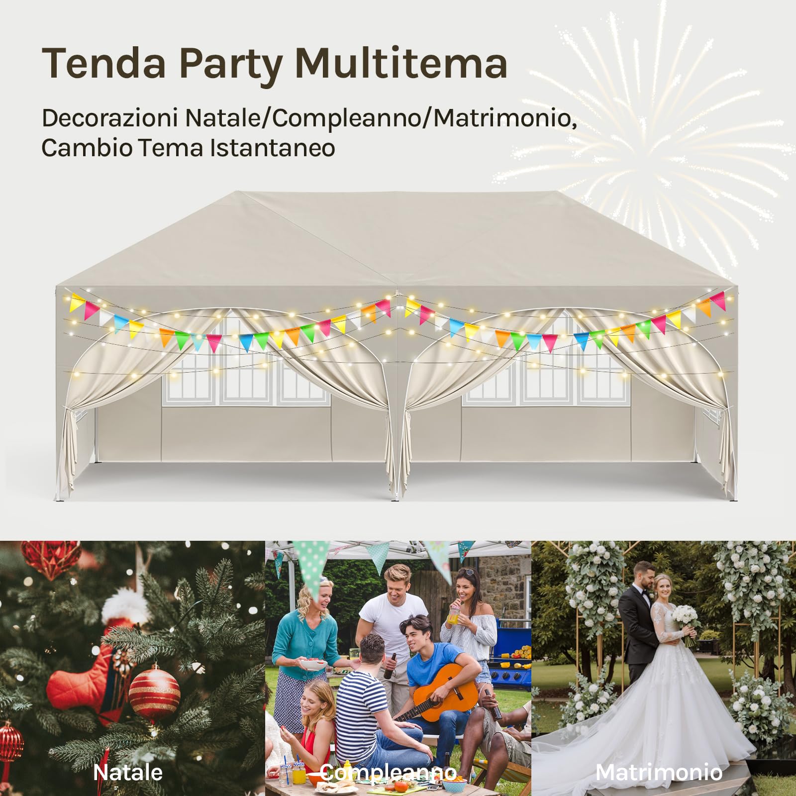 WOLTU Gazebo Pieghevole da Giardino, Gazebo Idrorepellente Pop Up da 3x6m Pannelli Laterali, Tendone Esterno, Altezza Regolabile, Protezione UV, con Custodia Beige