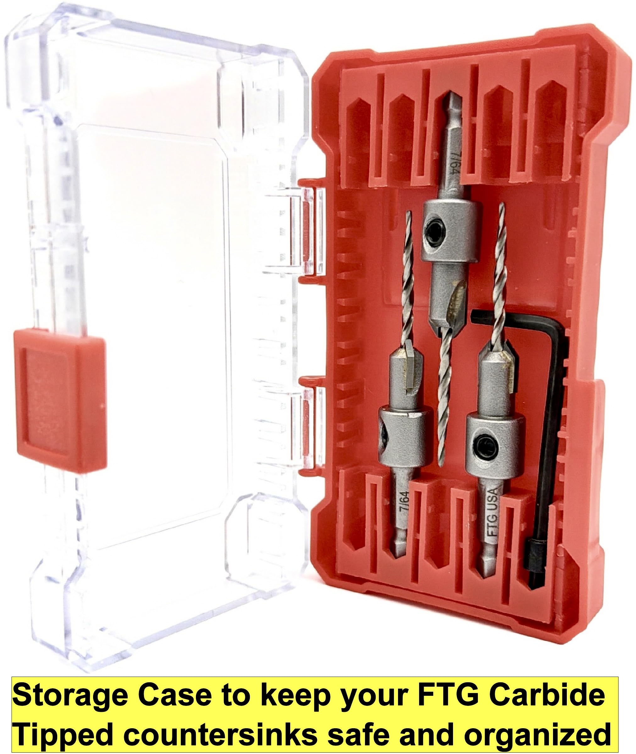 FTG USA 3 punte da trapano con punta in carburo di tungsteno #4 (7/64") con punta da trapano conica, codolo esagonale da 1/4", cambio rapido per la lavorazione del legno, con scatola portaoggetti