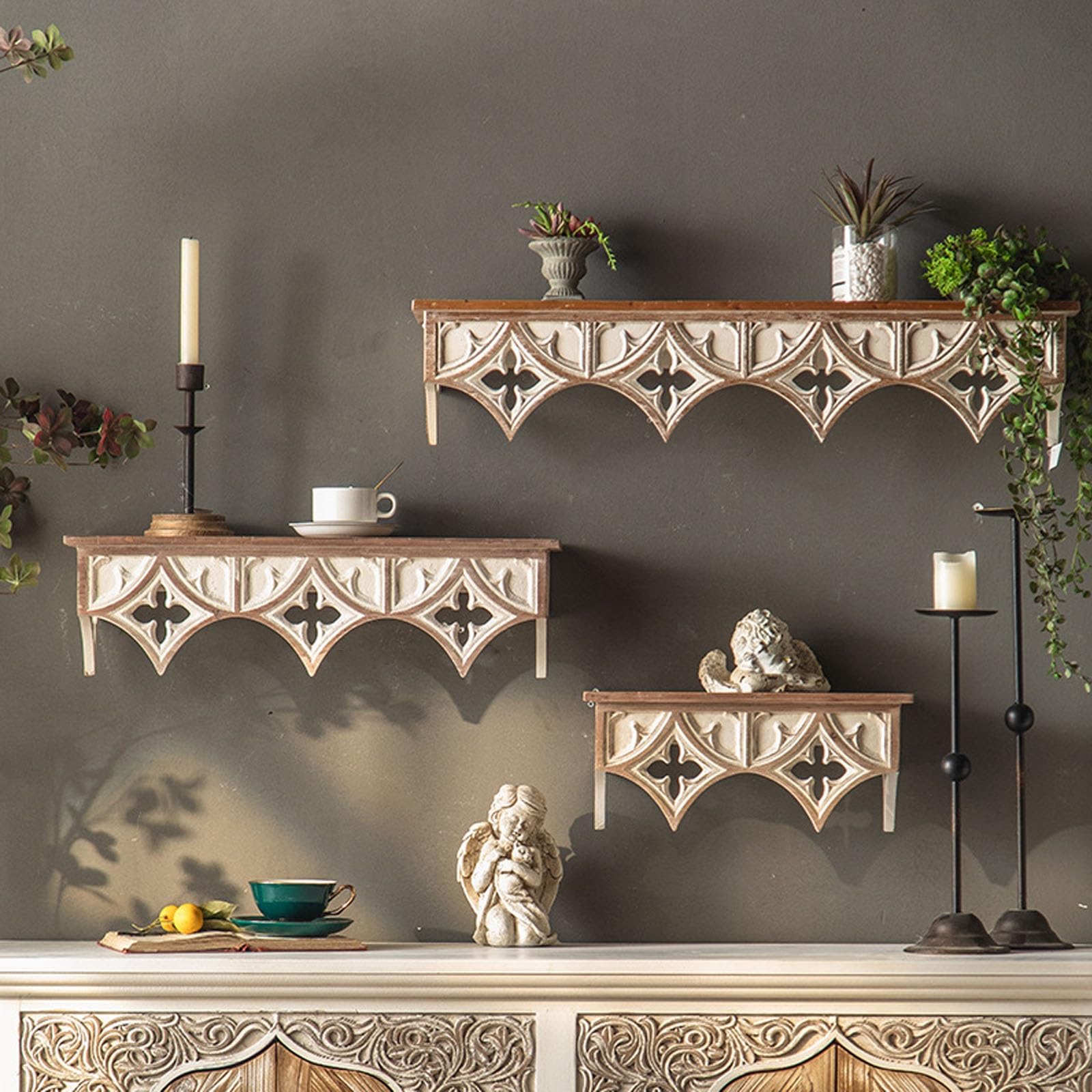 Floating Shelves, Vintage Rustic Wooden Wall Shelf, Organizer for Kitchen and Home Decor Wood Scroll Distressed 1 Shelf Wall Shelf, Wall Hanging Bookshelf(Three sizes)