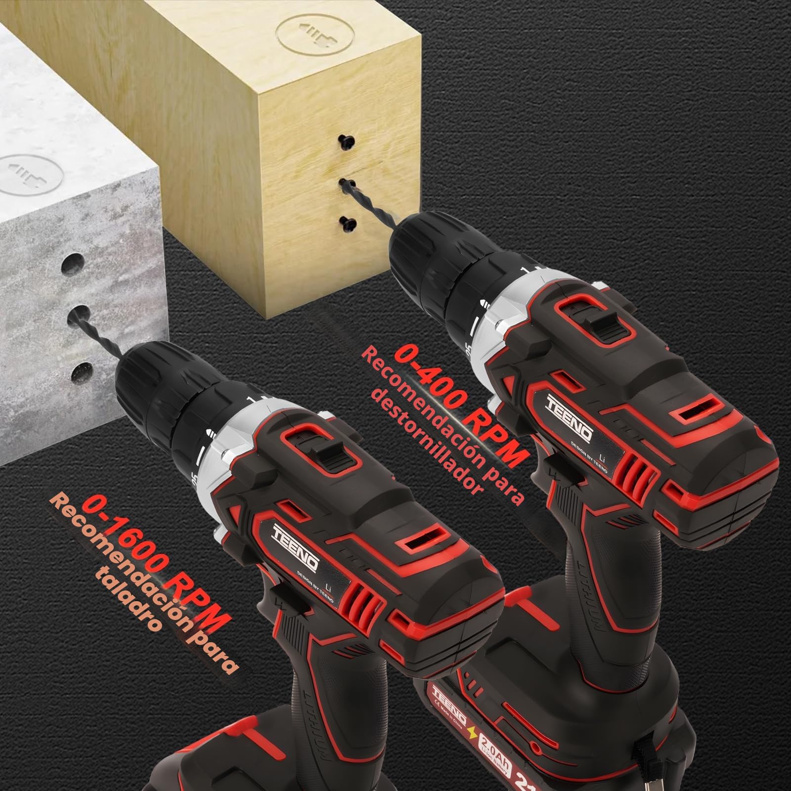 TEENO Taladro Atornillador Inalámbrico para Batería Makita de 21V 2 * 2,0 Ah Baterías,con Cepillo Antióxido de Metal, 45 Nm,25+1 Configuraciones de Par, 2 Velocidades, LED, 31 Accesorios y Maletín