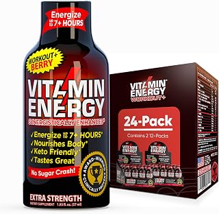 Vitamin Energy Workout+ Extra Strength Energy Shot Berry 24 Pack, 260mg Natural Caffeine, Pre-Workout, B-Vitamins, Minerals, Endurance & Performance, Zero Sugar, Gluten-Free, Vegan, 1.93 fl oz
