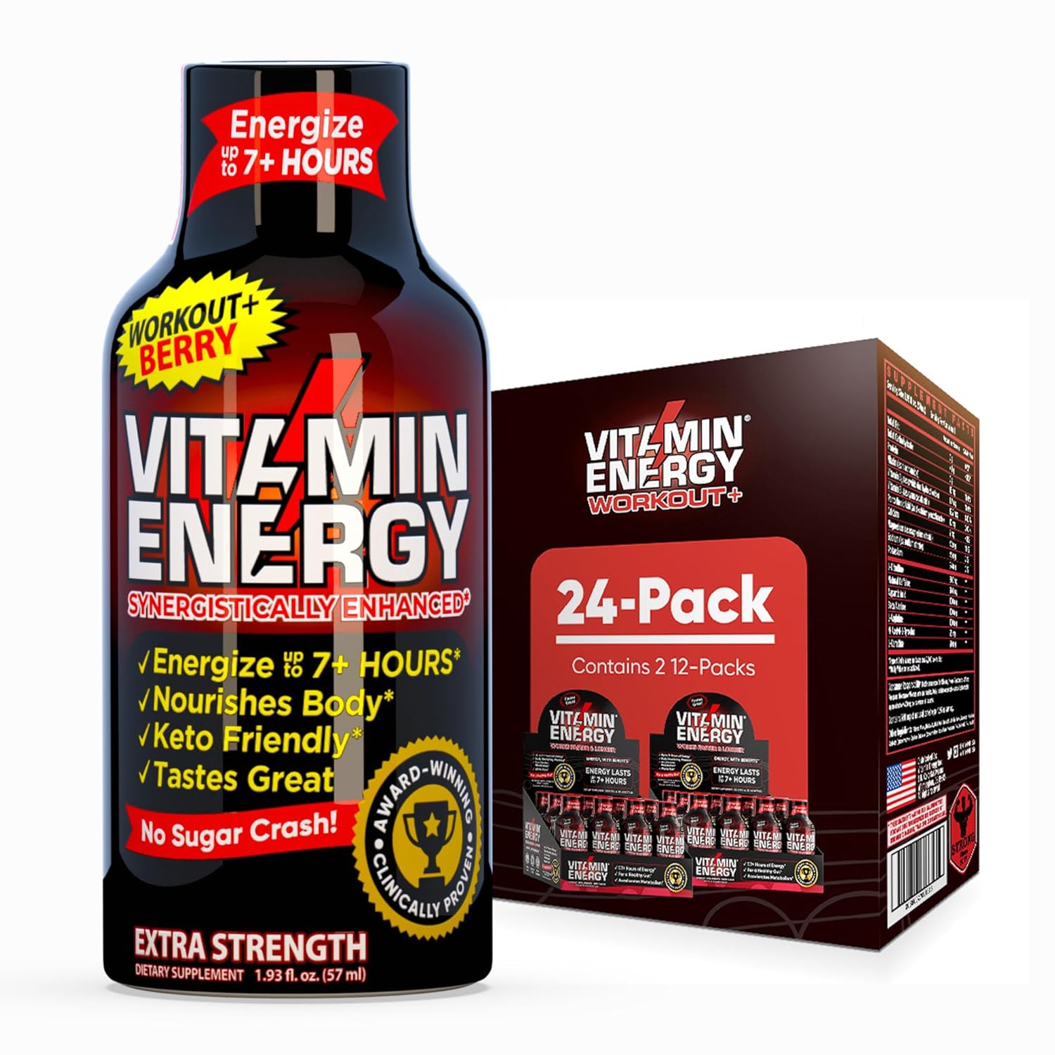 Vitamin Energy Workout+ Extra Strength Energy Shot Berry 24 Pack, 260mg Natural Caffeine, Pre-Workout, B-Vitamins, Minerals, Endurance & Performance, Zero Sugar, Gluten-Free, Vegan, 1.93 fl oz