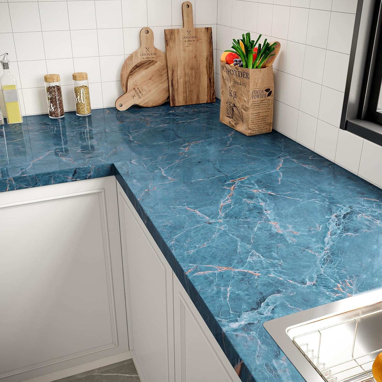LACHEERY 15.8"x275" Thick Marble Countertop Peel and Stick Waterproof Contact Paper for Bathroom Kitchen Counter Contact Paper Marble Vinyl Wrap for Countertops Cabinets Glossy Blue Granite Wallpaper