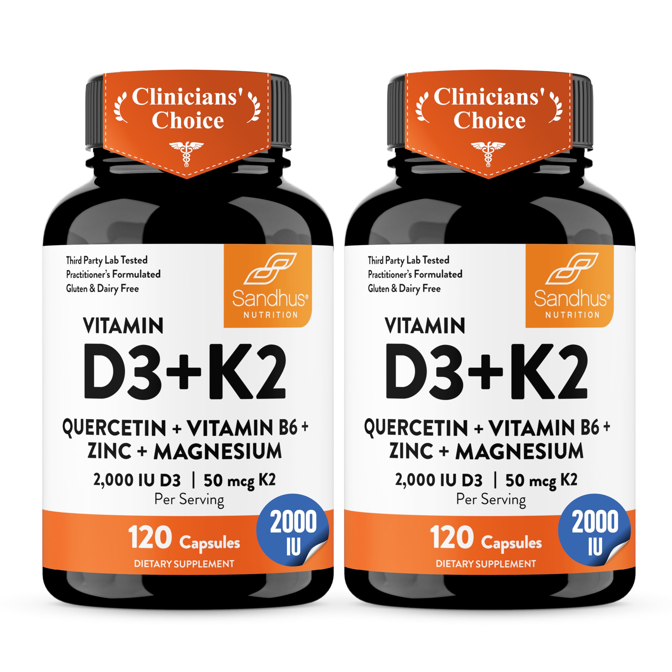 Vitamin D3 K2 2000 IU 120mcg Magnesium Zinc B6 Quercetin Capsules 240 Count