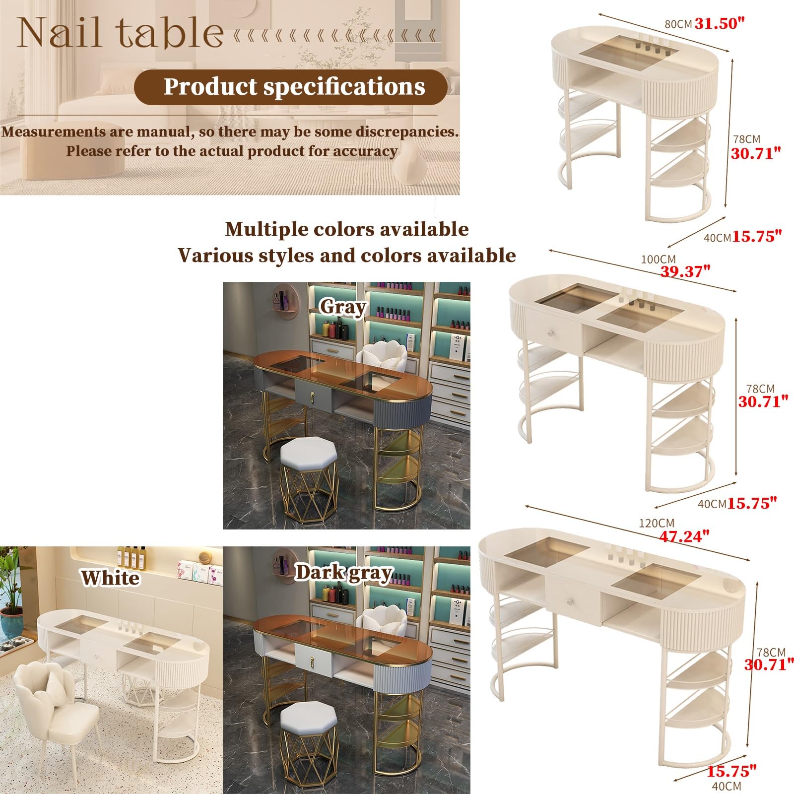 FORRTY Biurko Paznokcie Stół Manicure Stacja Paznokci Biurko Technik Paznokci Półkami Szklany Blat Wielowarstwowe Szuflady Meble Salon Stół Artystyczny Salonu Spa Dom Biuro(Gray,120cm(47.2"))