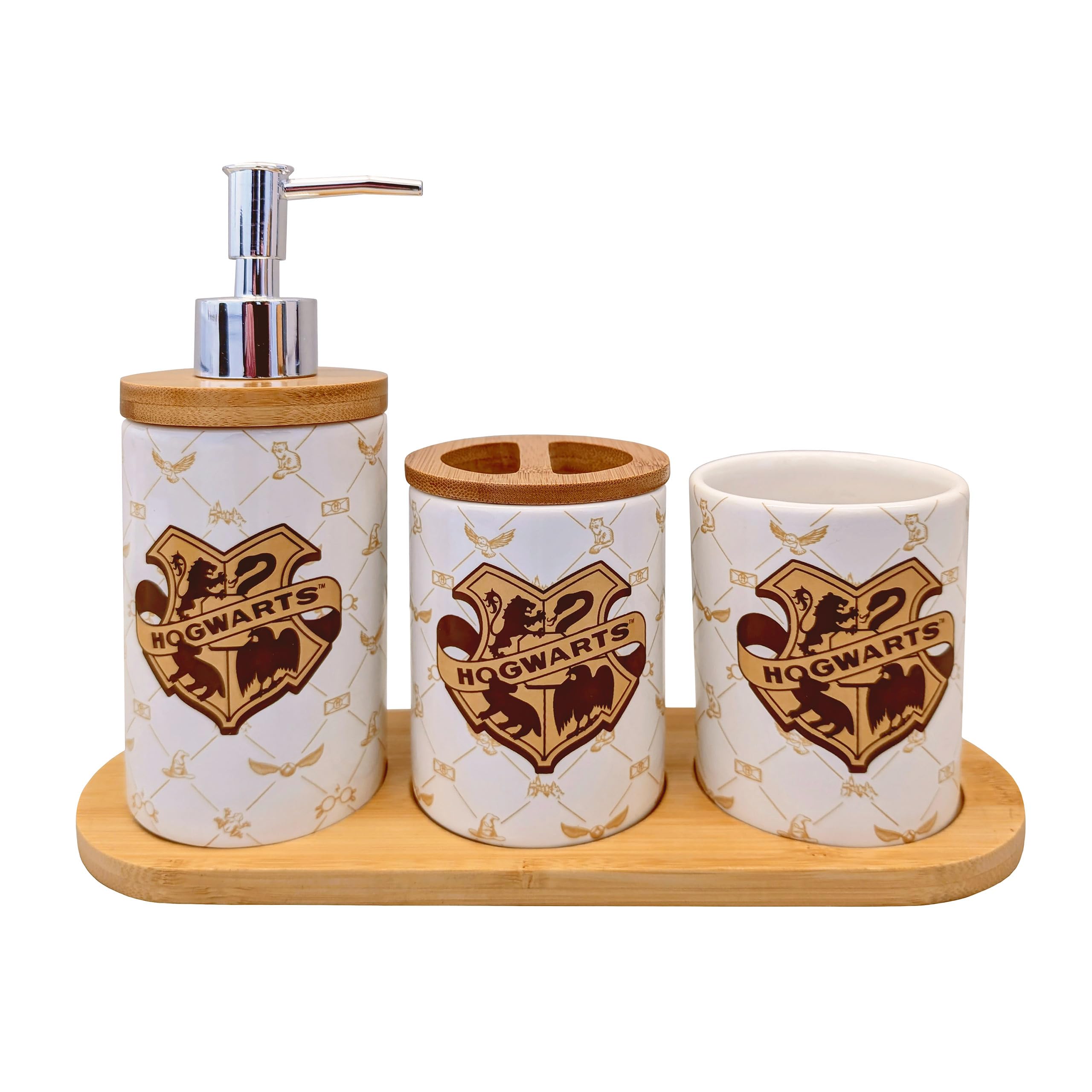 Elbenwald Harry Potter & Der Herr der Ringe - 3teilig-Badset 2 Zahnputzbecher inklusive 1 Zahnbürstenhalter (abnehmbar), Pumpseifenspender Keramik Holz (Harry Potter)