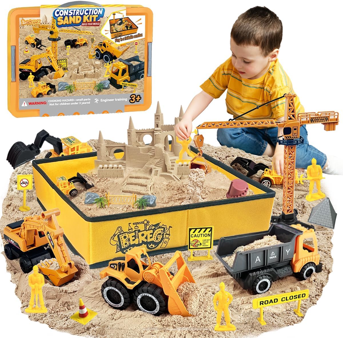 Construction Sand Castle Building Kit, Magic Sand Art with Folding Sandbox Construction Vehicles, Sensory Bin Toys for Boys Kids 3-8