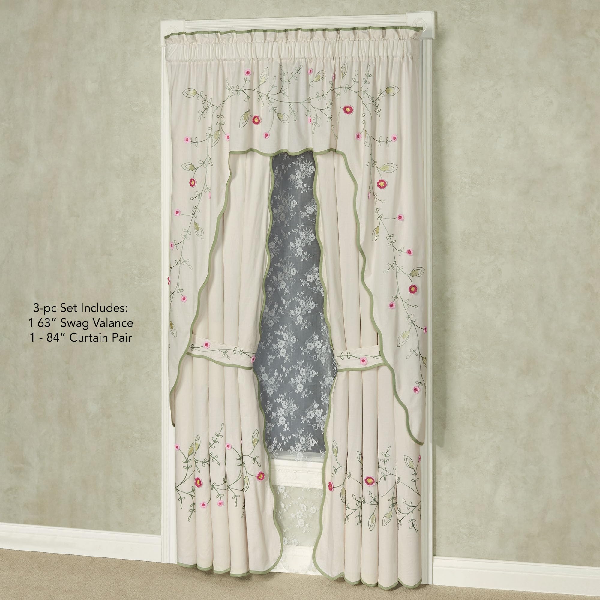 Posy Cottage Garden Lined Cotton Window Treatments | Chain Stitch Embroidery & Crochet Fiber Art Floral and Leaf Vine Designs | Rod Pocket Drapery Set with Long Contour Swag Valance & 84L Curtain Pair