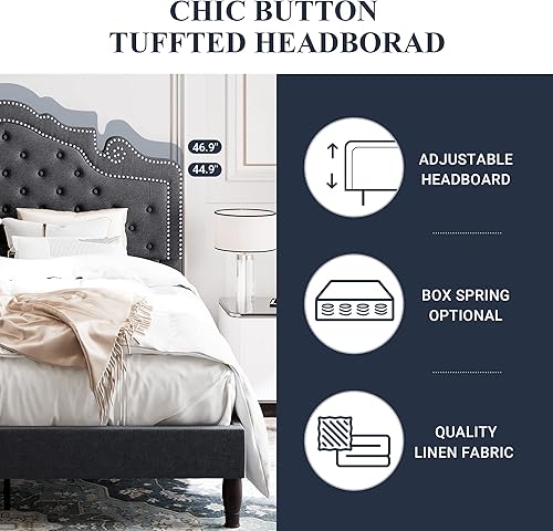 Miniatura 6 de Allewie Base de cama King Platfrom con cabecera tapizada de tela botón de diamante y ribete de clavos soporte de listones de madera no necesita