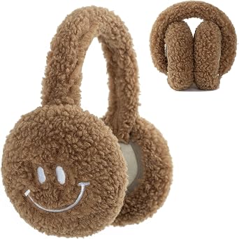 F Flammi Ear Muffs for Winter Women, Adjustable Head Band Fuzzy Faux Fur Earmuffs Foldable Ear Warmer Girl Soft Smiley Face