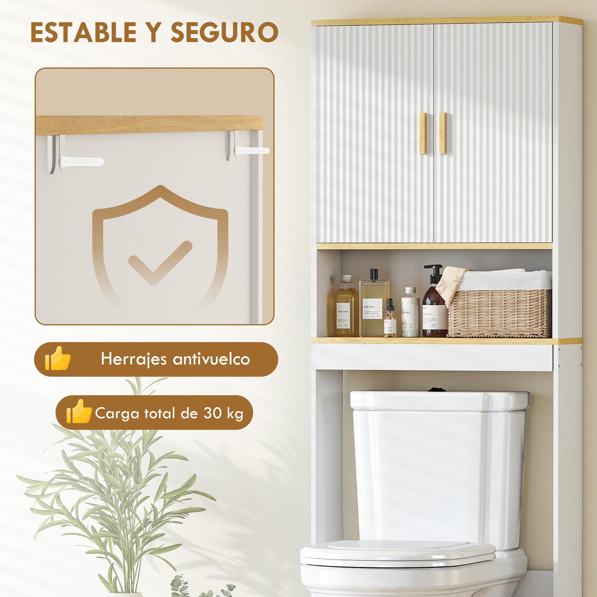 HOMCOM Estantería para Baño sobre Inodoro, Mueble Organizador de Baño de 3 Niveles con Estante Abierto, 2 Puertas y Estante Ajustable, 64x20x170,5 cm, Blanco