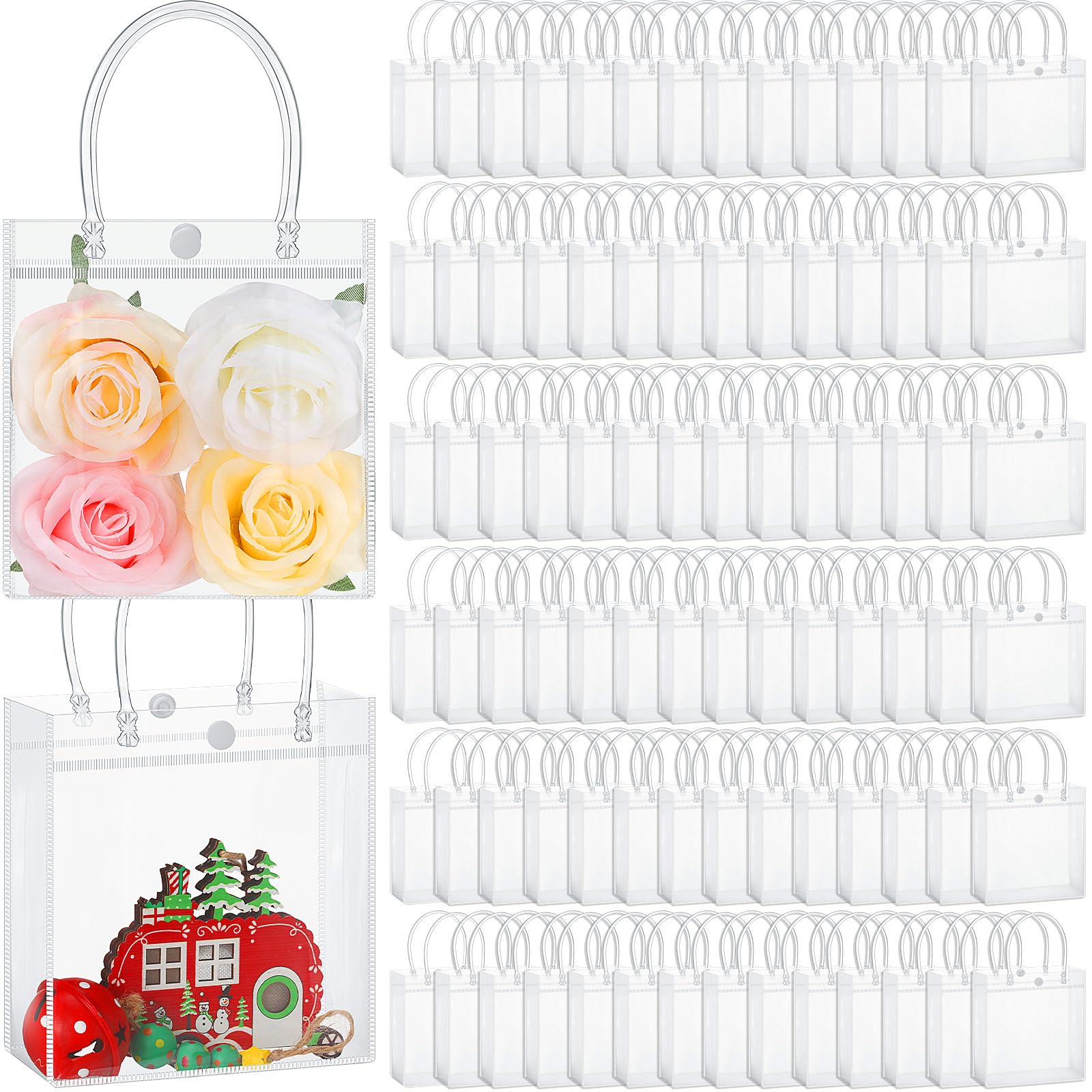 Photo 1 of Abbylike 200 Pcs Clear Plastic Gift Bags with Handles 5.9x6.3x2.8 Inch, Bulk Transparent PVC Small Shopping Tote Bags Reusable with Button for Mother's Day Wedding Party Favors Boutique Merchandise