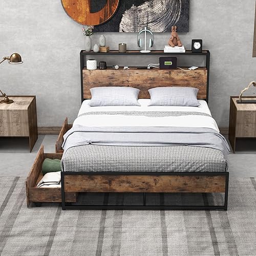 Miniatura 37 de Giantex Base de cama tamaño Queen con 4 cajones, base de cama de plataforma metálica industrial con estribo, agujeros reservados para cabecera, base