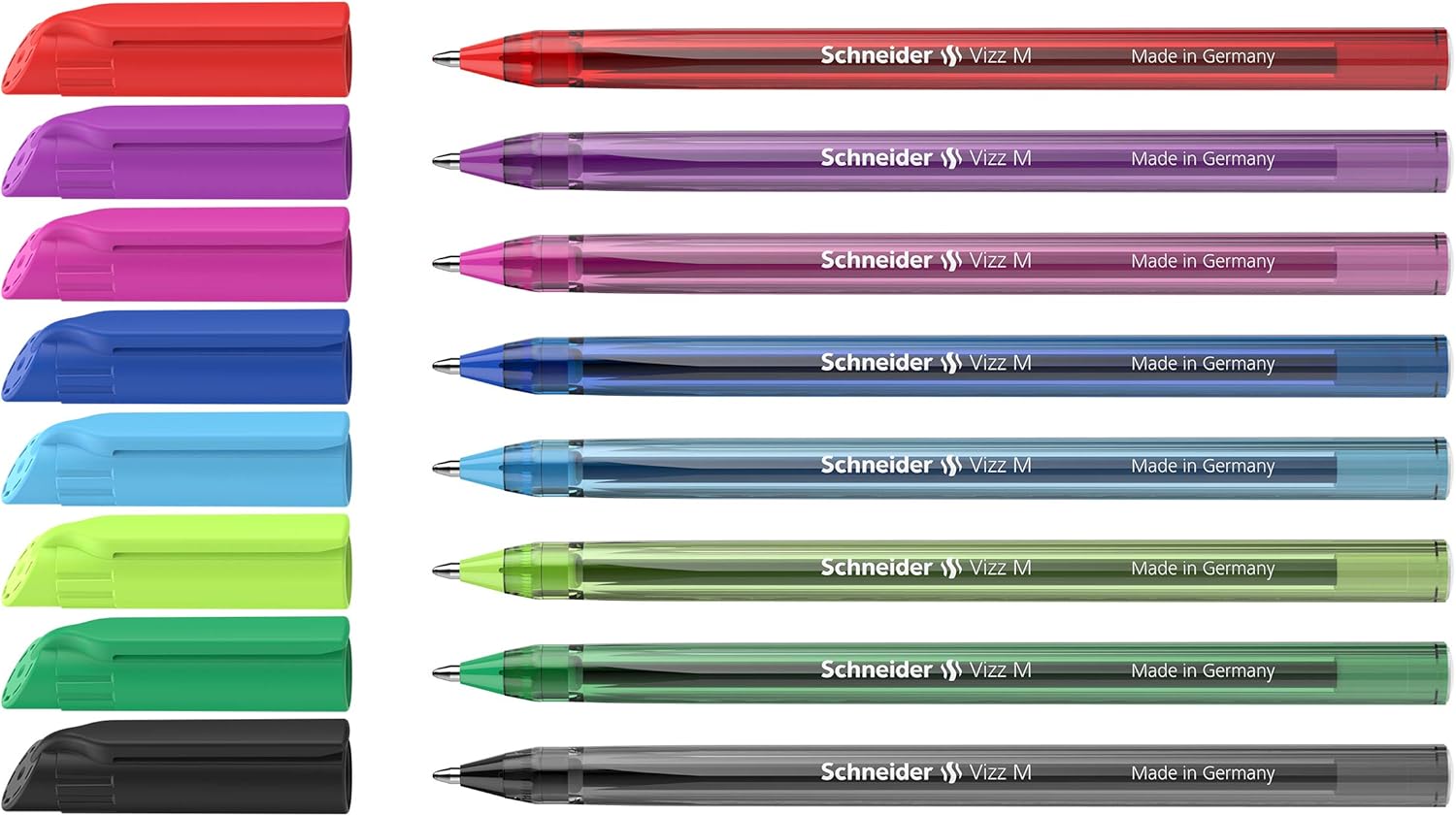Schneider 102298 Vizz Ballpoint Pen (for Easy and Fast Writing Ink Colour Barrel, Line Width, Medium), Pack of 8, Assorted
