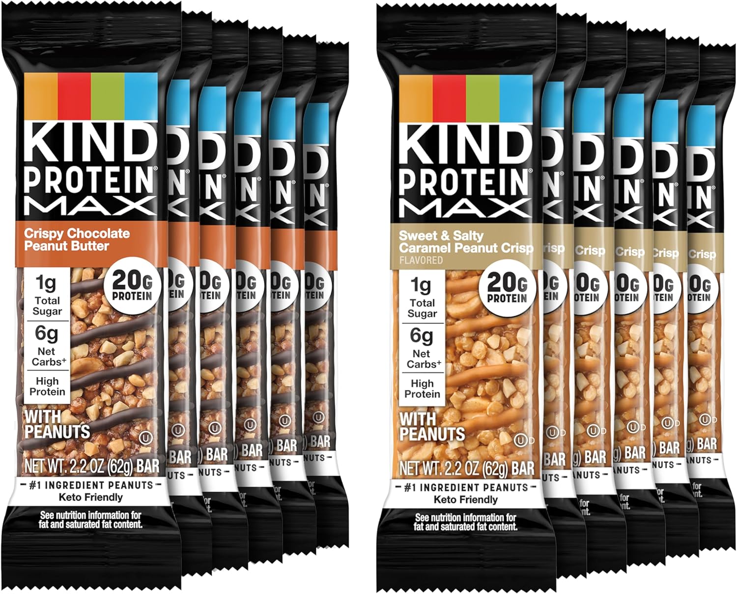 KIND Protein MAX Variety Pack, High Protein Bars, Keto Snacks, 1g Sugar, 20g Protein, (6) Crispy Chocolate Peanut Butter (6) Sweet & Salty Caramel Crisp, 12 Count Pack