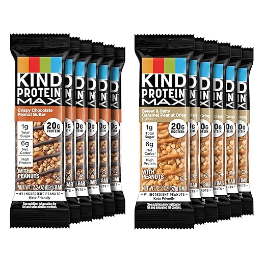 KIND Protein MAX Variety Pack, High Protein Bars, Keto Snacks, 1g Sugar, 20g Protein, (6) Crispy Chocolate Peanut Butter (6) Sweet & Salty Caramel Crisp, 12 Count Pack