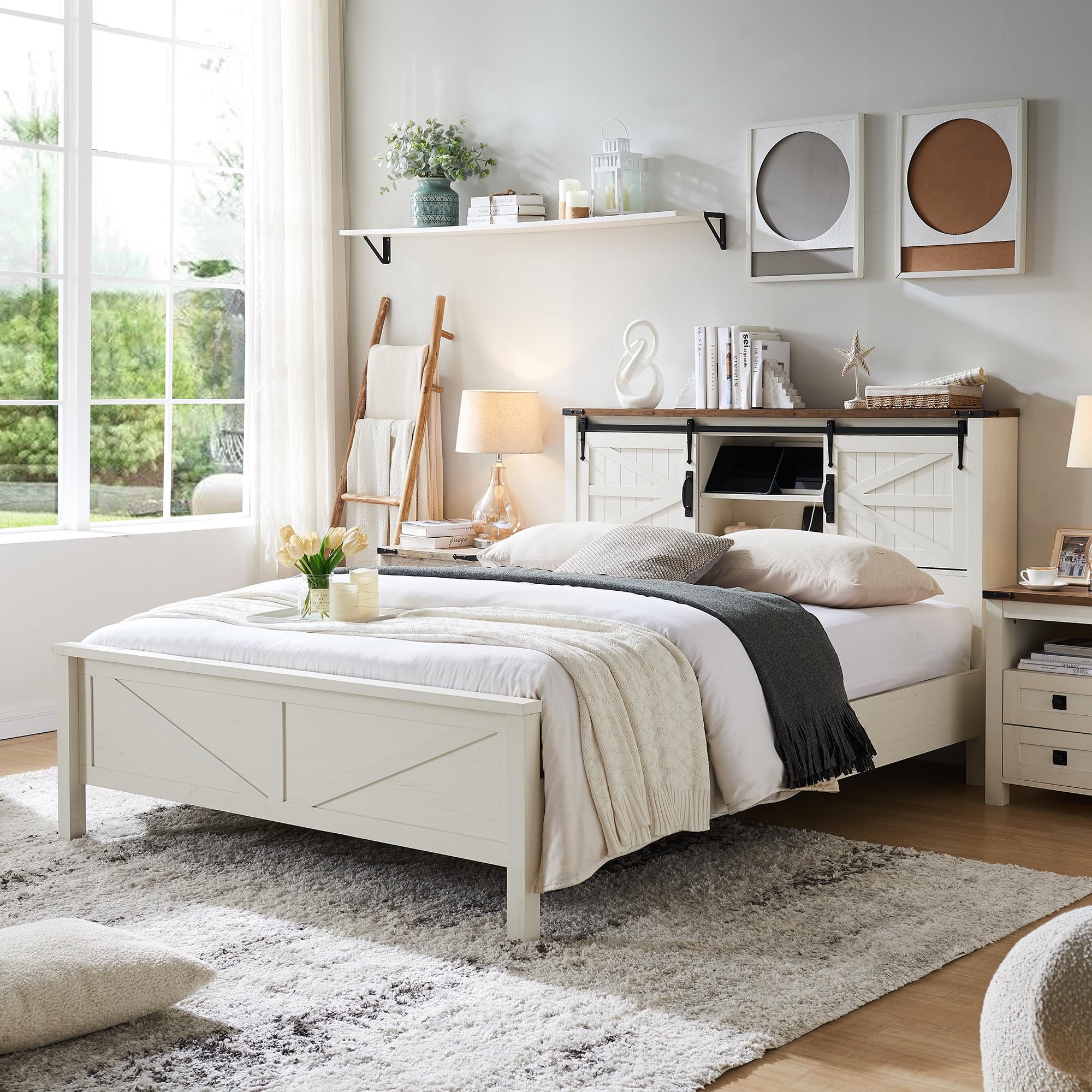 Diagram of the RedLemon Farmhouse Full Size Bed Frame with detailed dimensions for length, width, and height of the headboard, footboard, and overall frame. Also indicates 800 lbs capacity, no squeak, and 8-12 inch mattress compatibility.