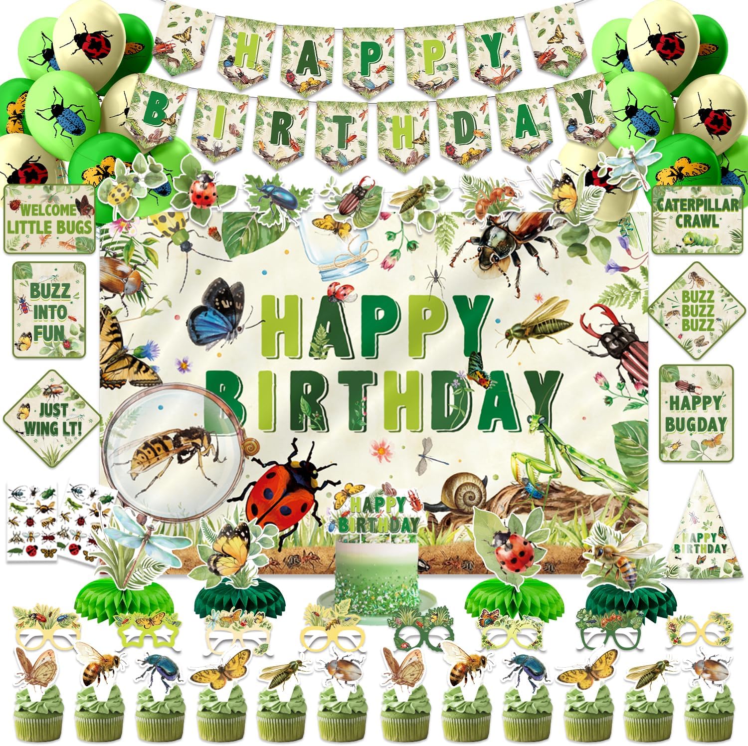 KOTLMIGHT Bugs Party Decorations, Spring Insects Birthday Party Decor Supplies for Girls Boys - Backdrop, Banner, Balloons, Tablecloth, Centerpieces, Hanging Swirl, Paper Glasses, Wall Signs, Hat