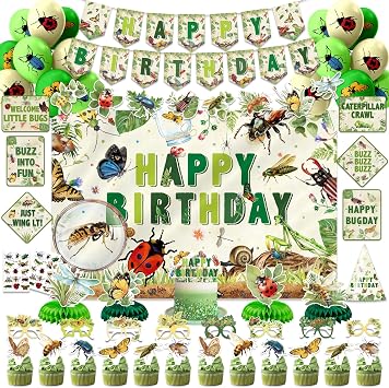 KOTLMIGHT Bugs Party Decorations, Spring Insects Birthday Party Decor Supplies for Girls Boys - Backdrop, Banner, Balloons, Tablecloth, Centerpieces, Hanging Swirl, Paper Glasses, Wall Signs, Hat