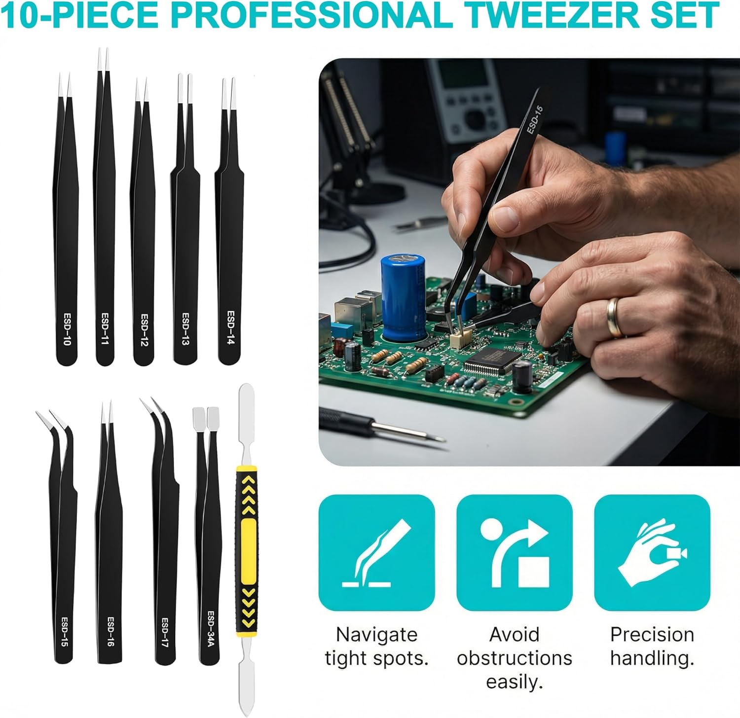 Precision Tweezers Set 10 Piece, ESD Safe Anti-Static Stainless Steel Kit with Case & Pry Tool for Electronics Repair, PCB Soldering, Jewelry Making, Watch Repair, Lab and Craft Work