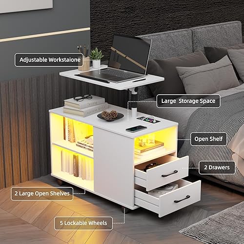 Miniatura 30 de HNEBC Mesita de noche con estación de carga inalámbrica, la mesita de noche LED tiene una estación de trabajo giratoria ajustable, mesita de noche 1