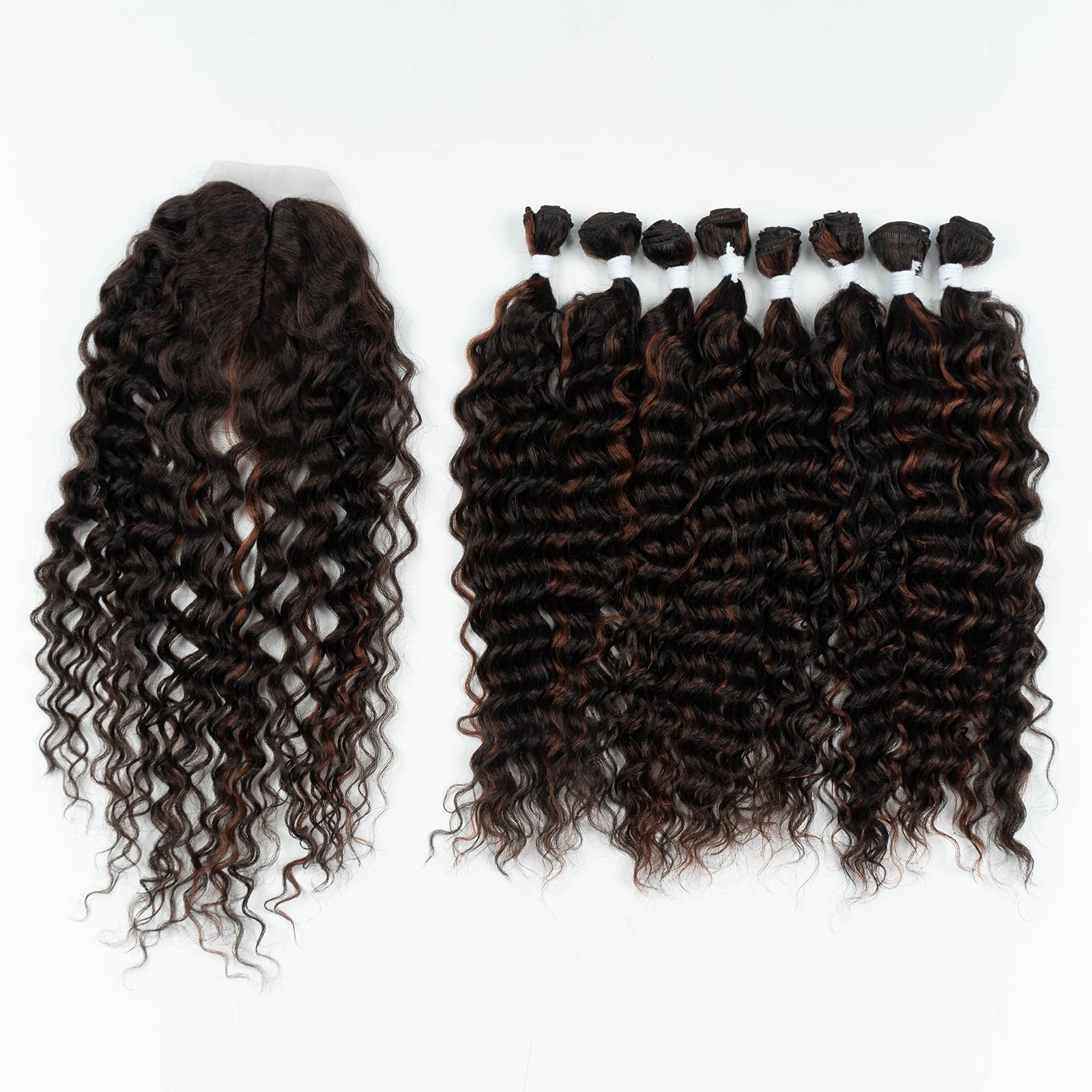 DÉBUT Synthetic Hair 8 Bundles with Simple Closure Water Wave High Temperature Fiber Wavy Hair Weave 9PCS Brown Mixed Auburn 20 Inches 240G