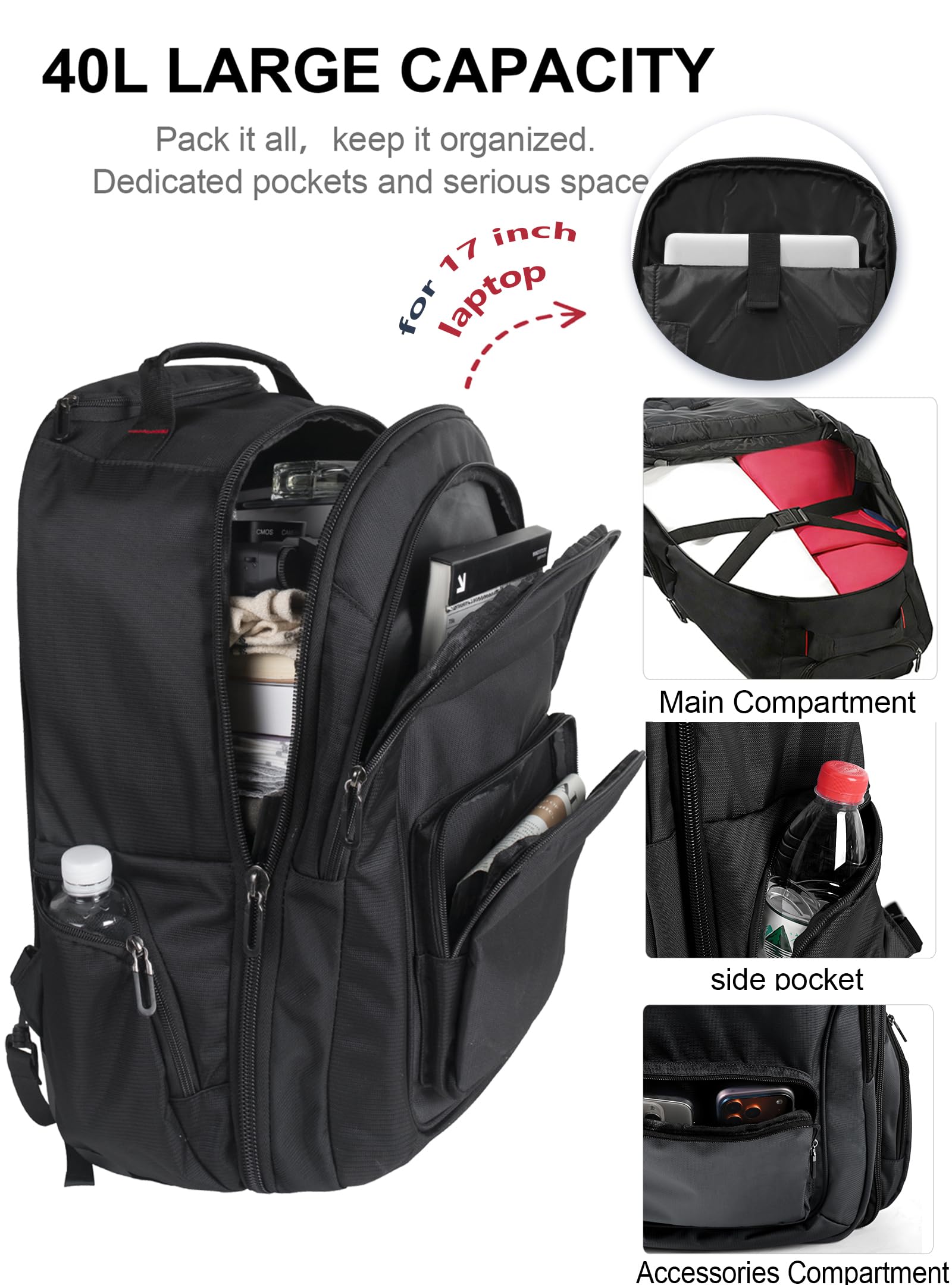 Zaino con ruote, trolley da 17,3 pollici, borsa da viaggio con ruote, grande zaino per uomo lavoro, college, Nero