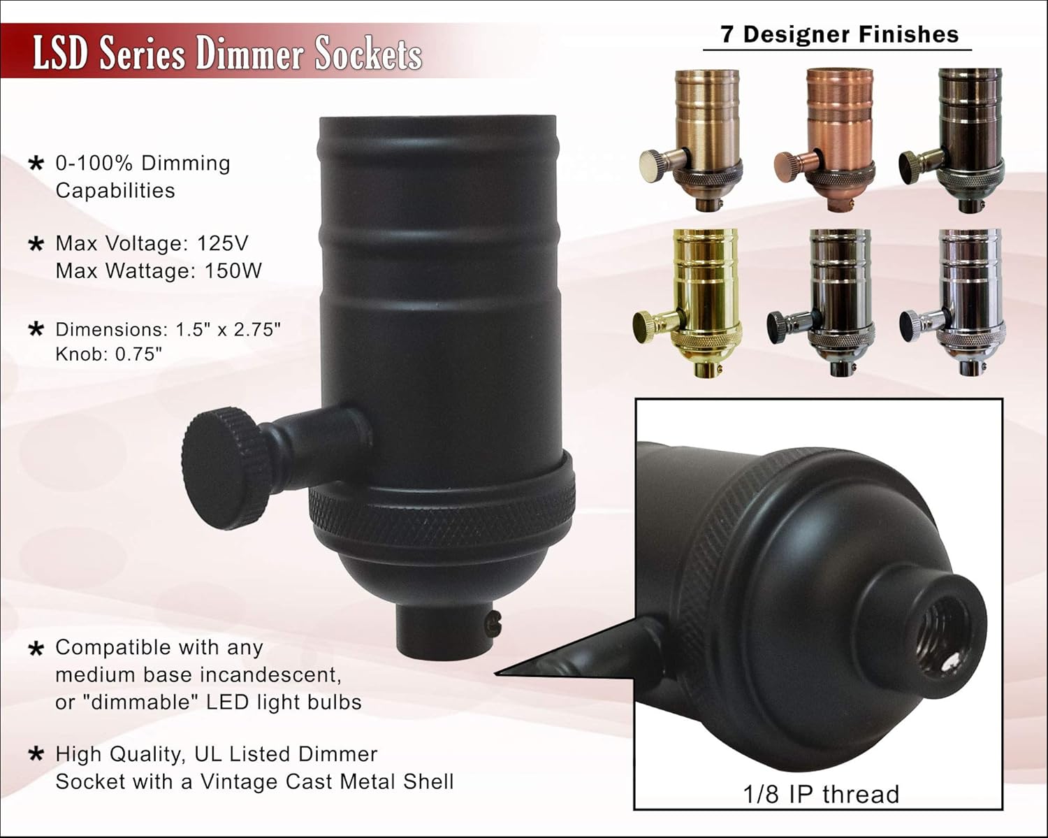 Royal Designs, Inc. Vintage Turn Knob Dimmer Lamp Socket for Incandescent LED Bulbs, Matte Black, Set of 2