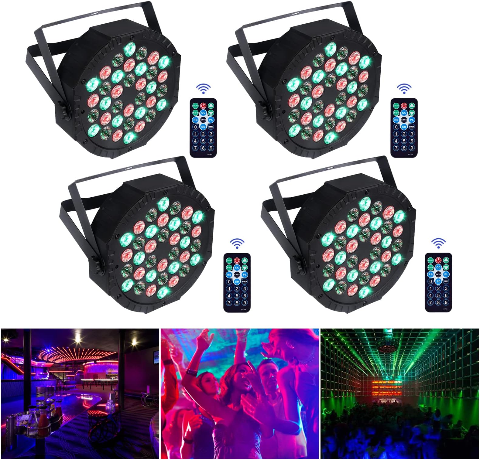 Par Light RGB 36 LED Stage Lights, 4PCS Disco Lights DMX512 with Remote Control, 7 Modes Uplighting Lights, Strobe Lights for DJ Disco Club Party, Blue,green,red (PSD-UK)