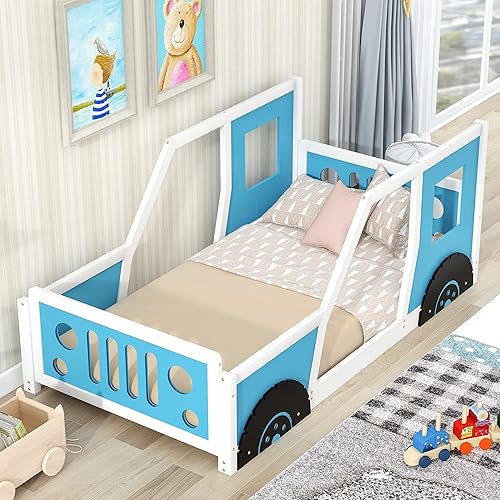 Goohome Cama de plataforma clásica en forma de automóvil individual, marco de cama de madera con ruedas para niños y niñas, soporte de listones